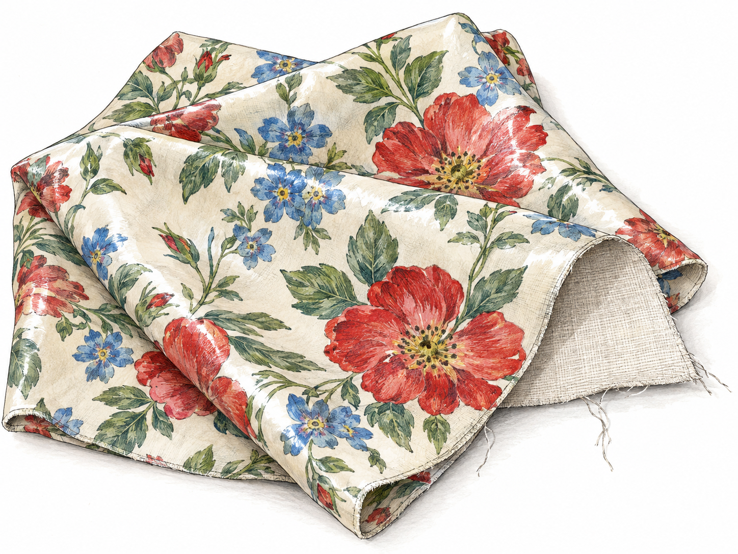 A folded length of floral-printed cotton chintz, with broad highlights on its glazed face and a turned-back corner revealing the matte reverse and fine woven edge.