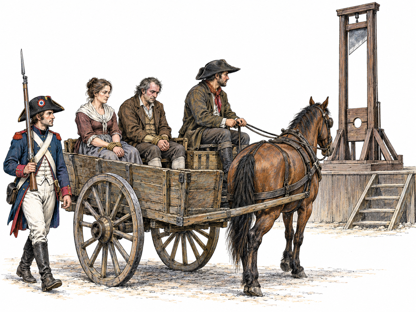 A horse-drawn, two-wheeled wooden cart carries bound condemned prisoners toward a clearly visible guillotine in Revolutionary France.
