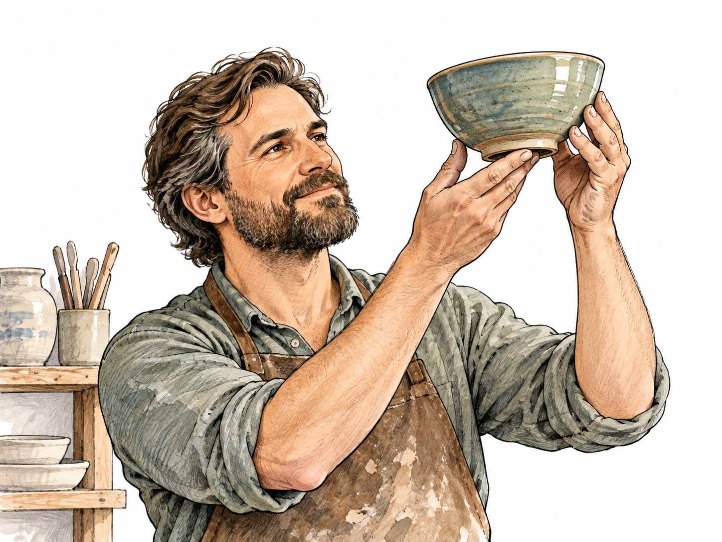 A skilled adult white potter holds a finely made glazed ceramic bowl up for appreciative inspection, smooth symmetrical form and clean rim evident.