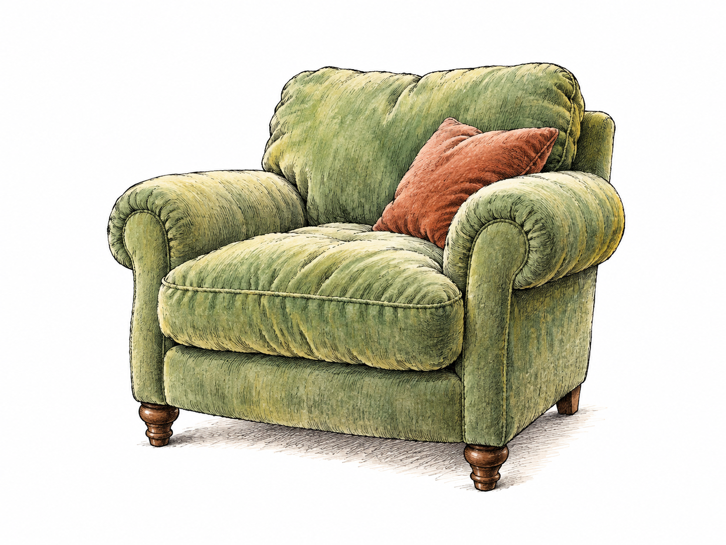 Soft upholstered armchair with deep plush pile cushions, visible drawn fibers and compressed cushion; no photo fabric texture.