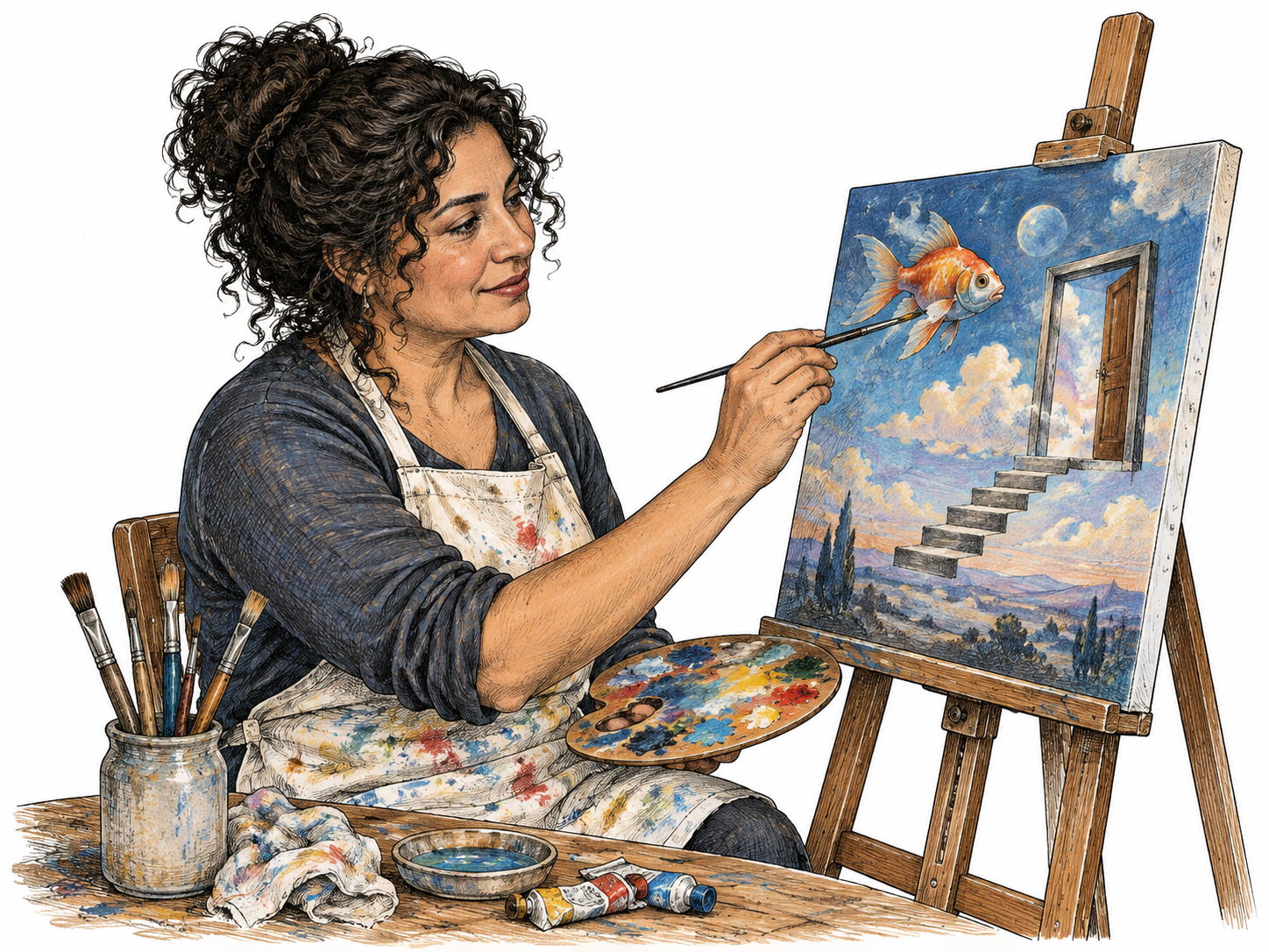 An adult artist paints an original dreamlike arrangement of a floating fish and impossible doorway on a small canvas; no named-artist likeness, quotations or signature.