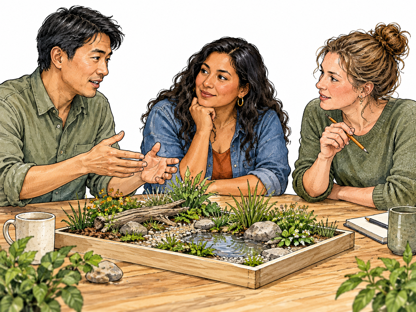 Three adults, an East Asian man, Latina woman and white woman, exchange ideas around a table with a model garden layout.