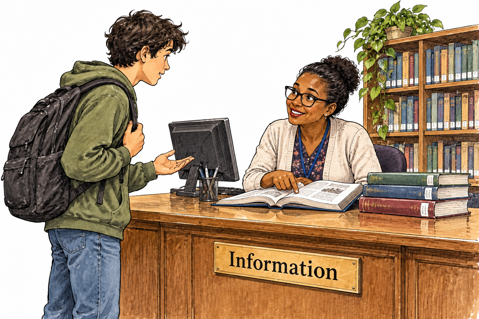 A visitor asks a helpful librarian for information at a desk.