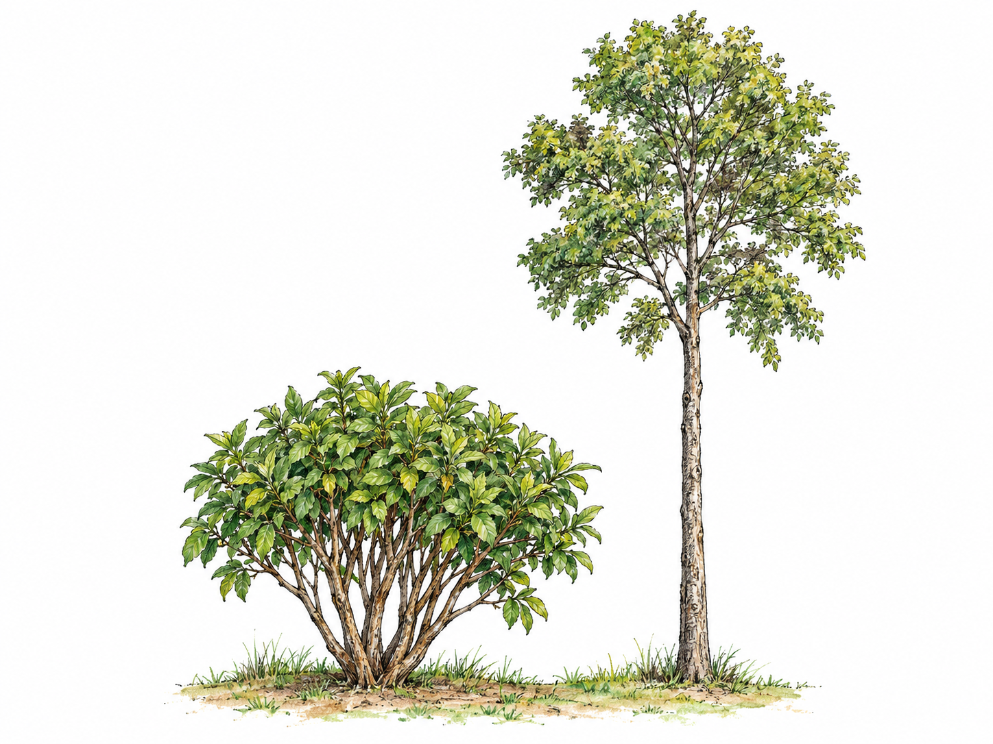 A compact leafy shrub with several clearly woody stems branching from ground level, beside a much taller single-trunk tree for a simple size and growth-form comparison.