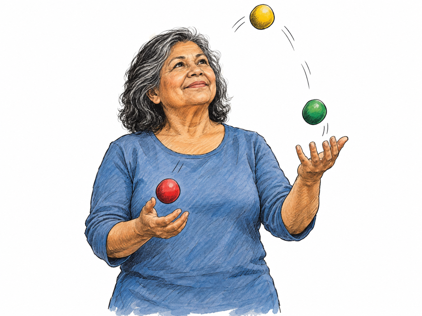 An older woman effortlessly juggles three small balls, with coordinated hands, a relaxed posture, and a calm smile making skilled bodily control immediately visible.