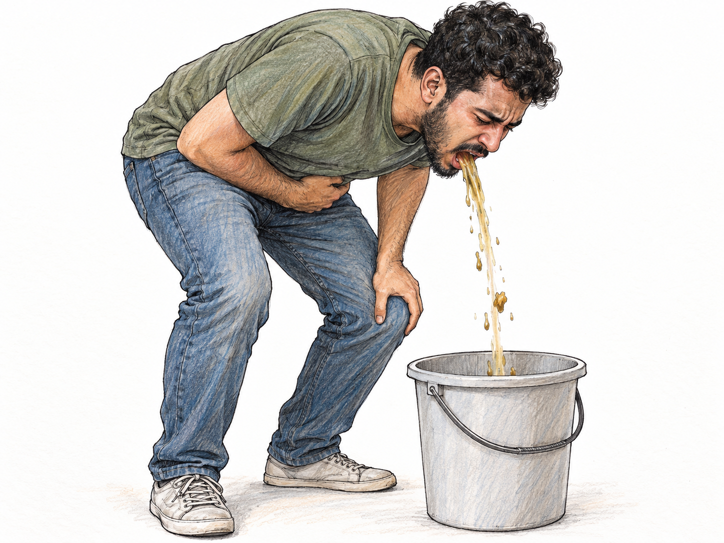 A young adult man bends over a bucket, visibly vomiting into it, with one hand clutching his abdomen.