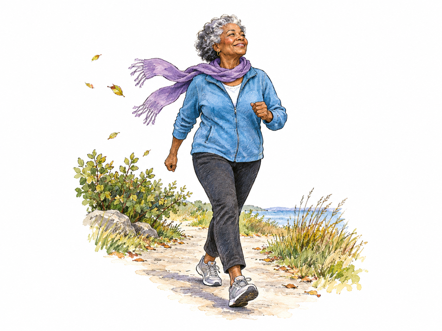 Woman emerges refreshed from brisk walk in cool breeze, bright posture and moving scarf, sparse outdoor plants.