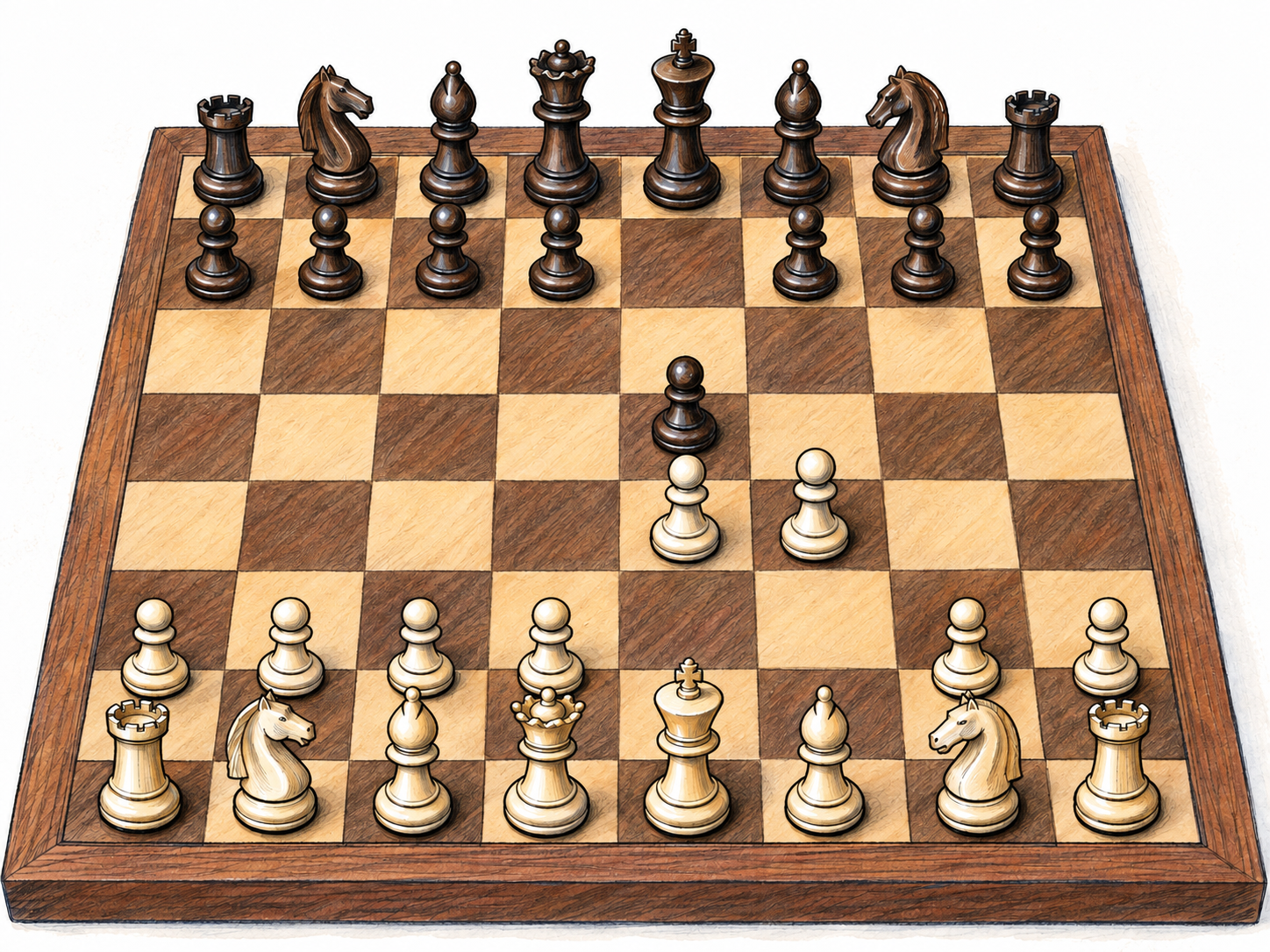 A chessboard showing the King's Gambit: an opening position with White's f-pawn offered to Black's e-pawn while almost all pieces remain on their starting squares.