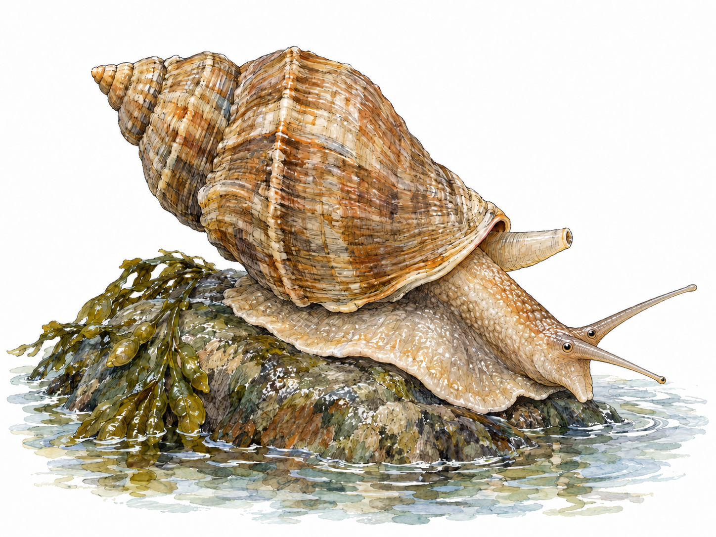 A living whelk crawling on a small wet marine rock, its elongated spiral shell and emerging soft body clearly visible.