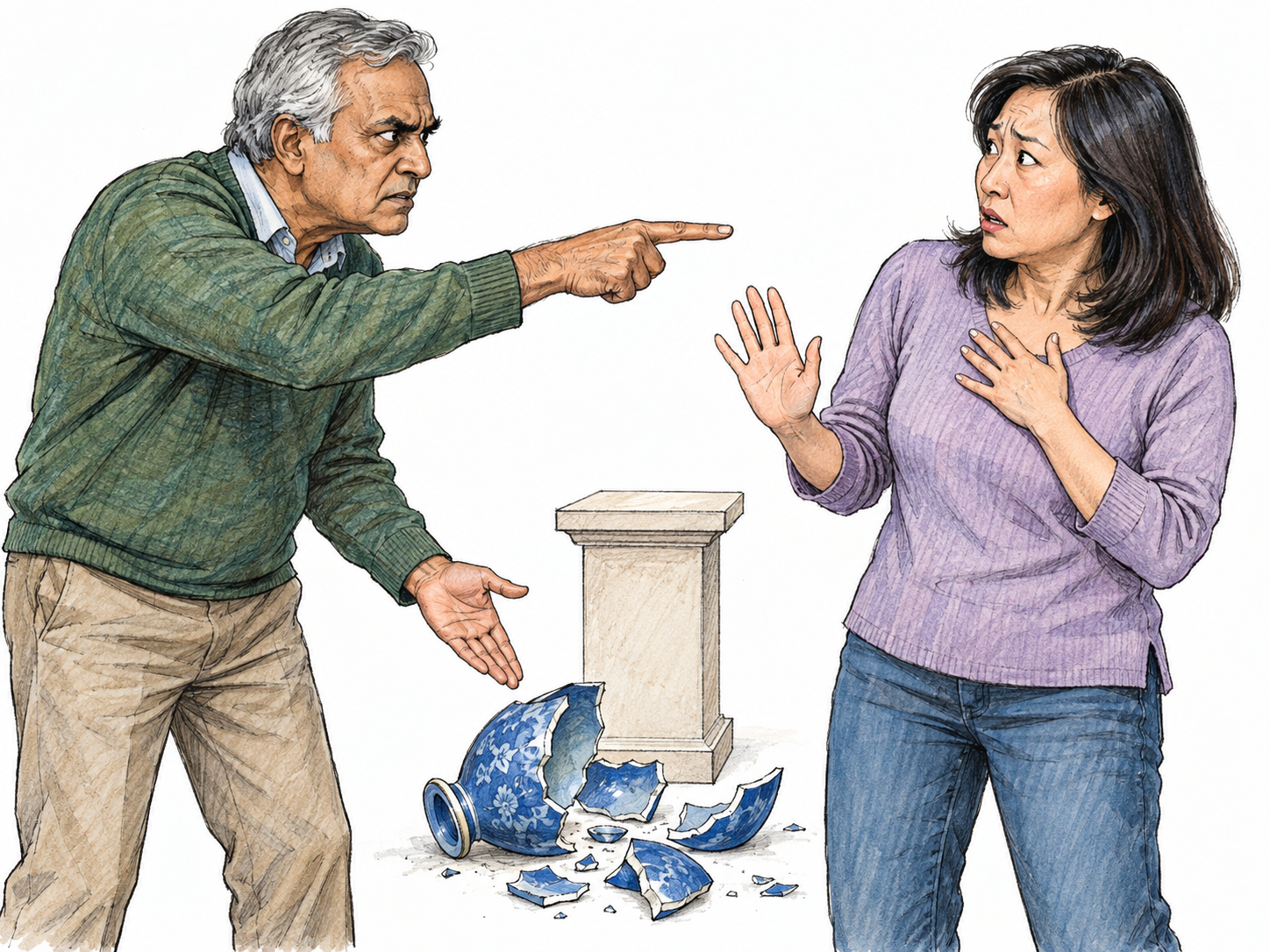 An older man visibly assigns blame for a shattered vase to a woman: he points one index finger directly at her while his other hand presents the broken pieces on the floor.