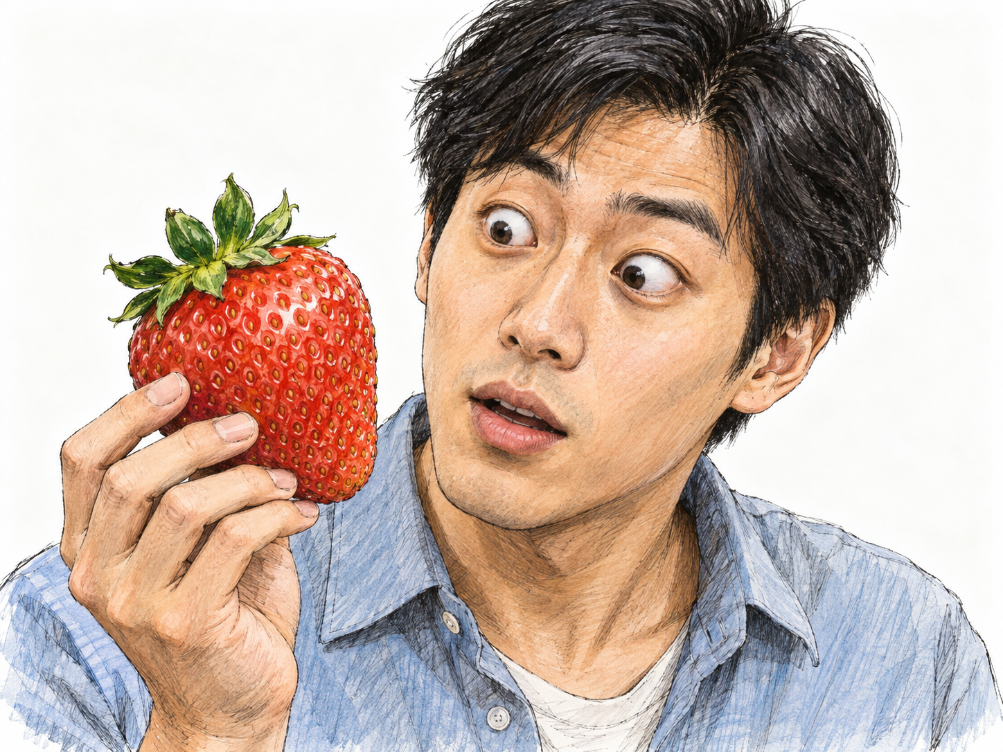 A close three-quarter view of a young man staring fixedly at an enormous strawberry in his hand, eyes conspicuously wide with astonishment.