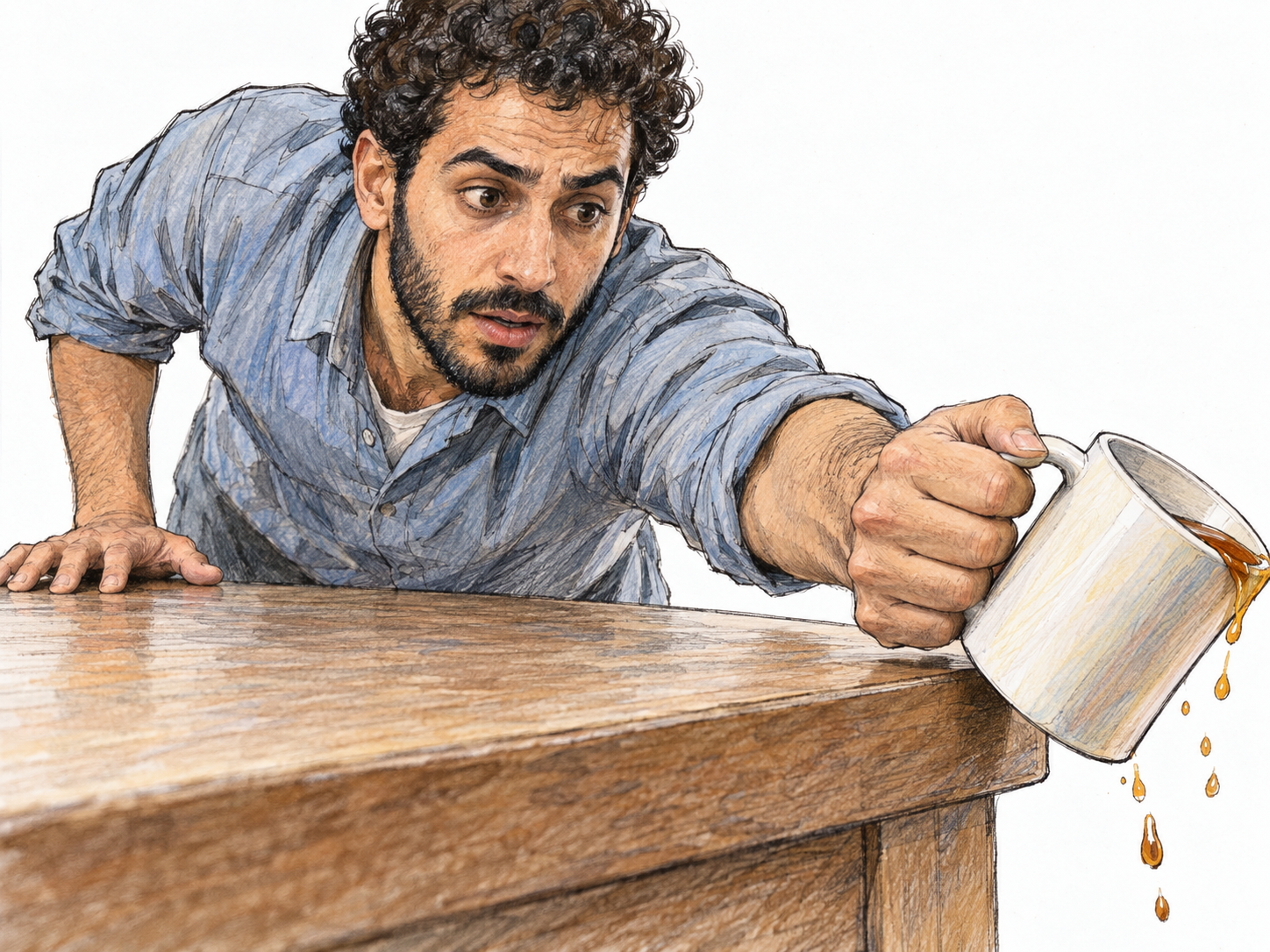 A man lunges forward and clamps his hand around the handle of a tipping mug just before it falls from a table, visibly combining sudden movement with a firm grasp.