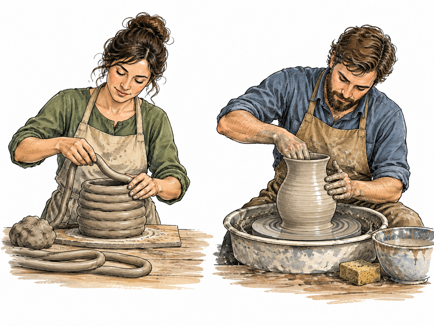 Two adult potters shape clay differently, one coils clay while the other uses a wheel, different ways of doing the task.