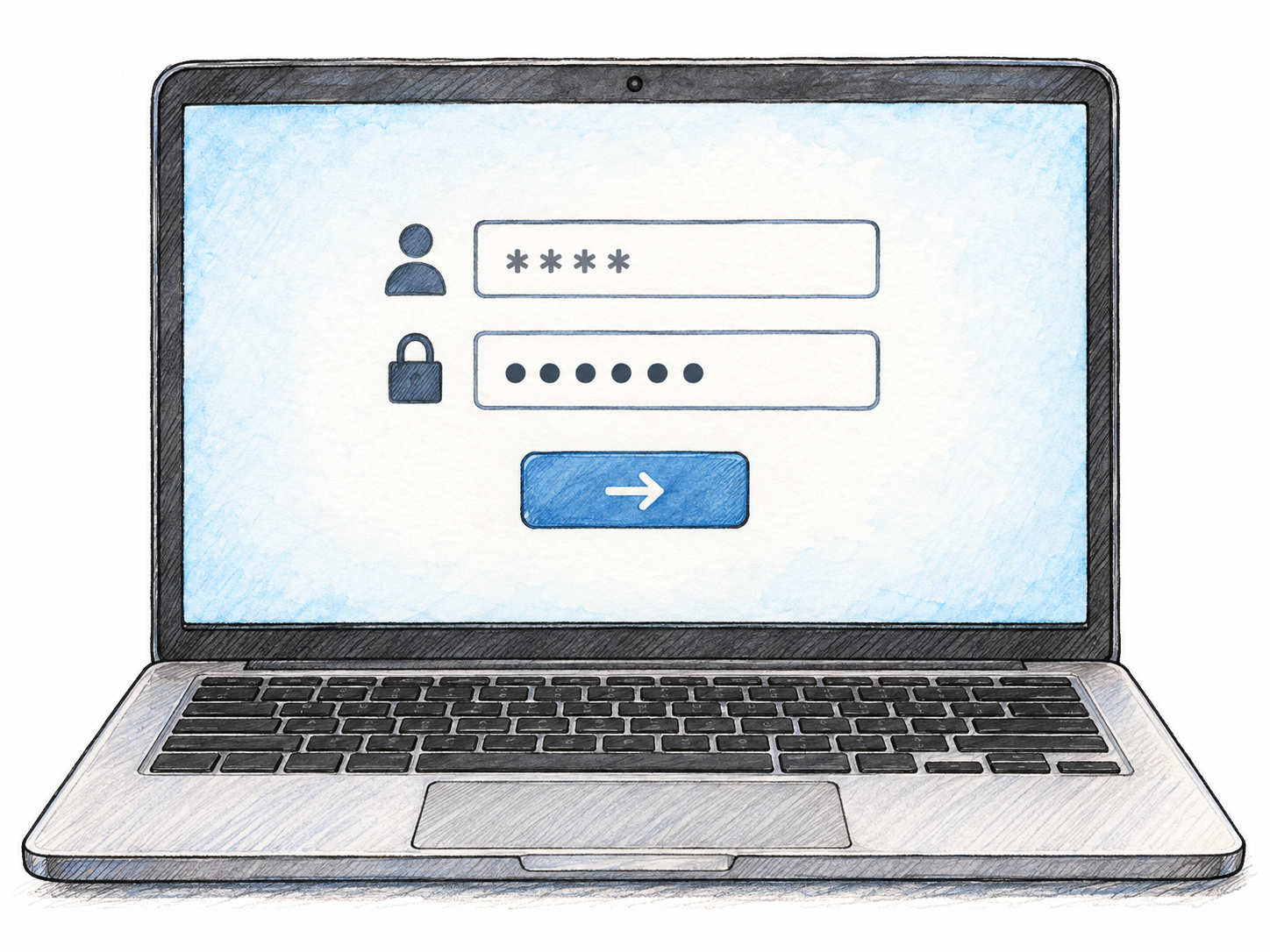 A close view of a laptop displaying a recognizable credential-entry interface: a user-avatar icon beside an upper entry field, a padlock beside a lower field containing password dots, and a right-arrow submit button.