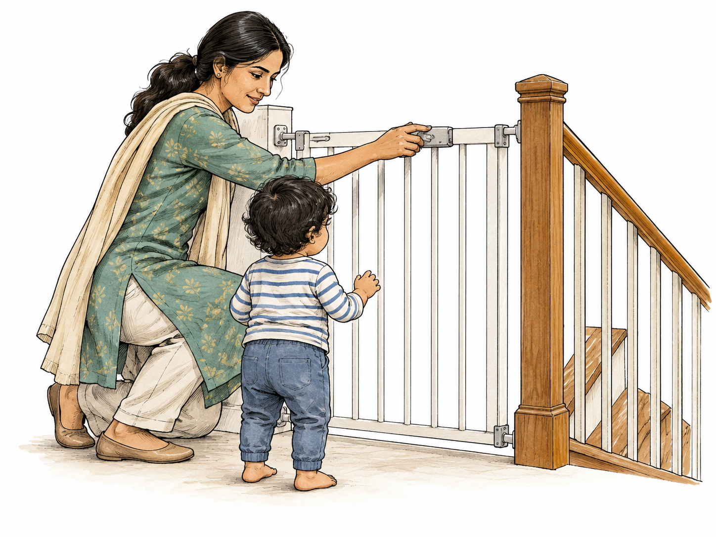 A South Asian mother gently closes a stair safety gate before a toddler approaches, deliberate protection from a fall, no text.