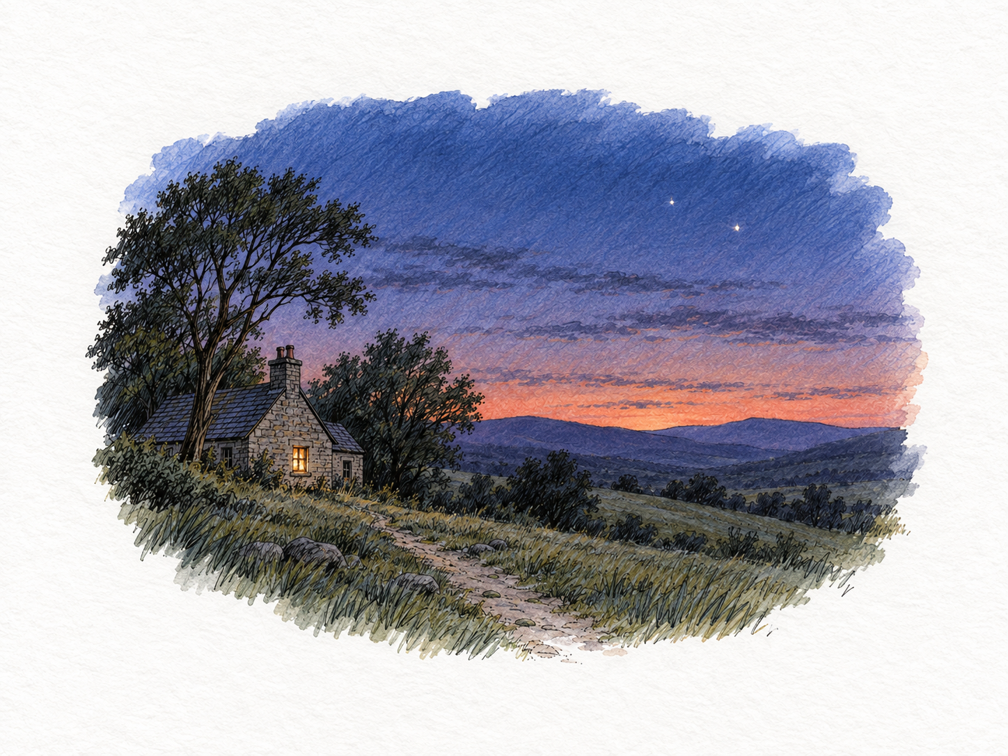 A spare countryside landscape in late evening twilight: the sun has disappeared, leaving a narrow muted rose-orange glow along the horizon beneath a deepening blue-violet sky.