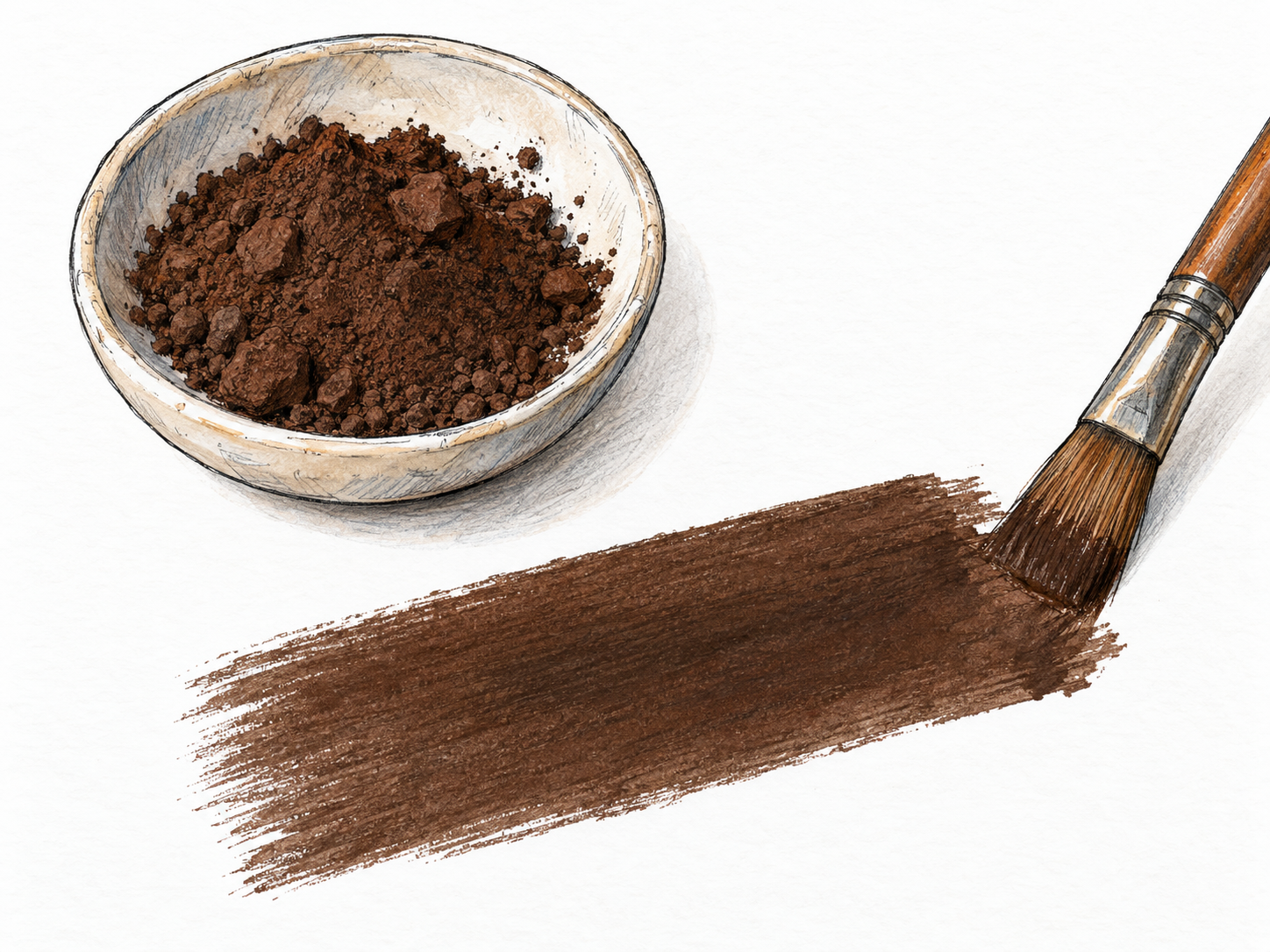 A shallow dish of earthy dark-brown pigment beside a broad painted swatch of the same umber color, with a pigment-stained artist’s brush connecting material and color.