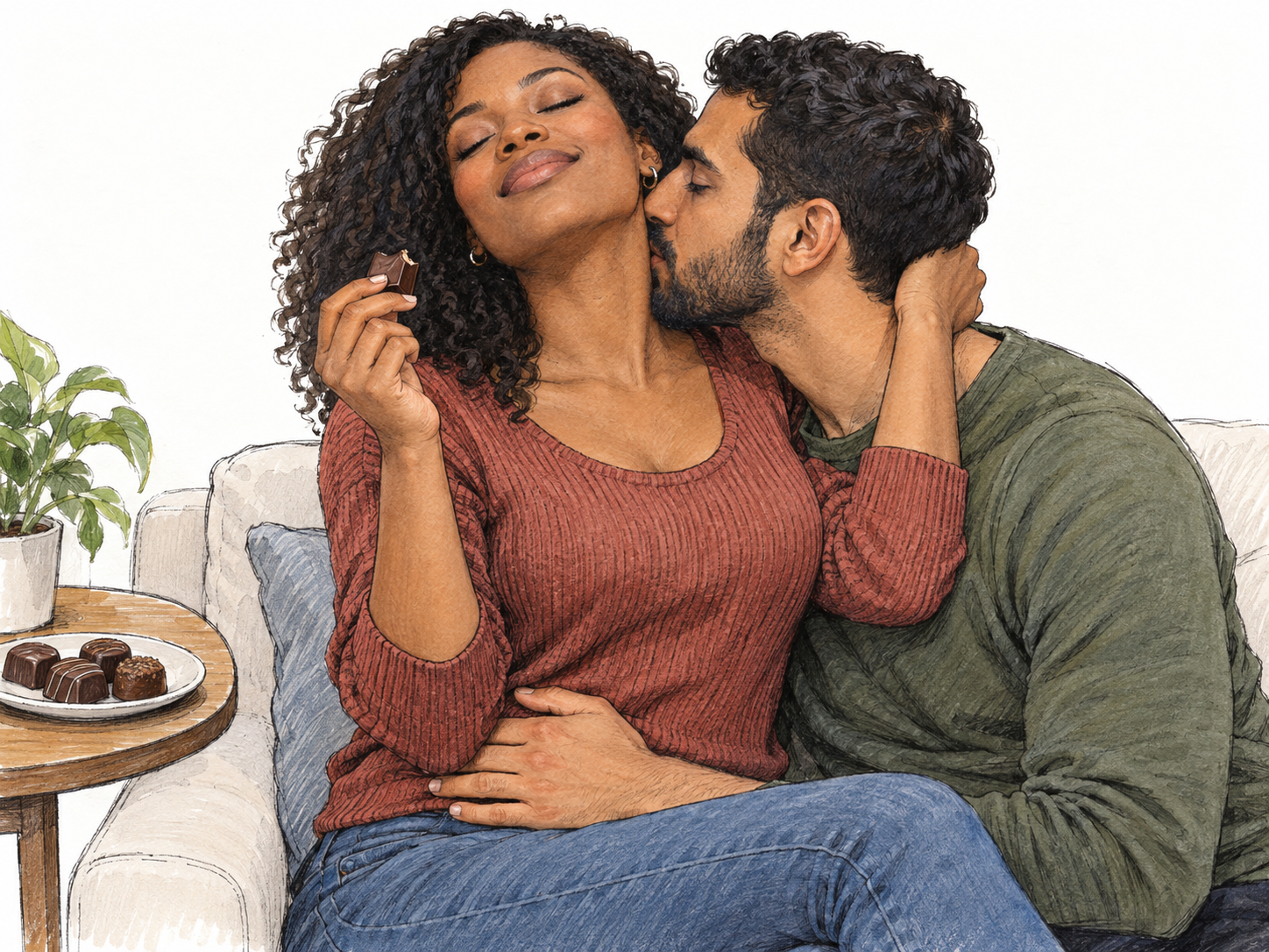 An adult couple absorbed in bodily pleasure: a woman savors a chocolate with closed eyes while her male partner kisses her neck, and she draws him closer.