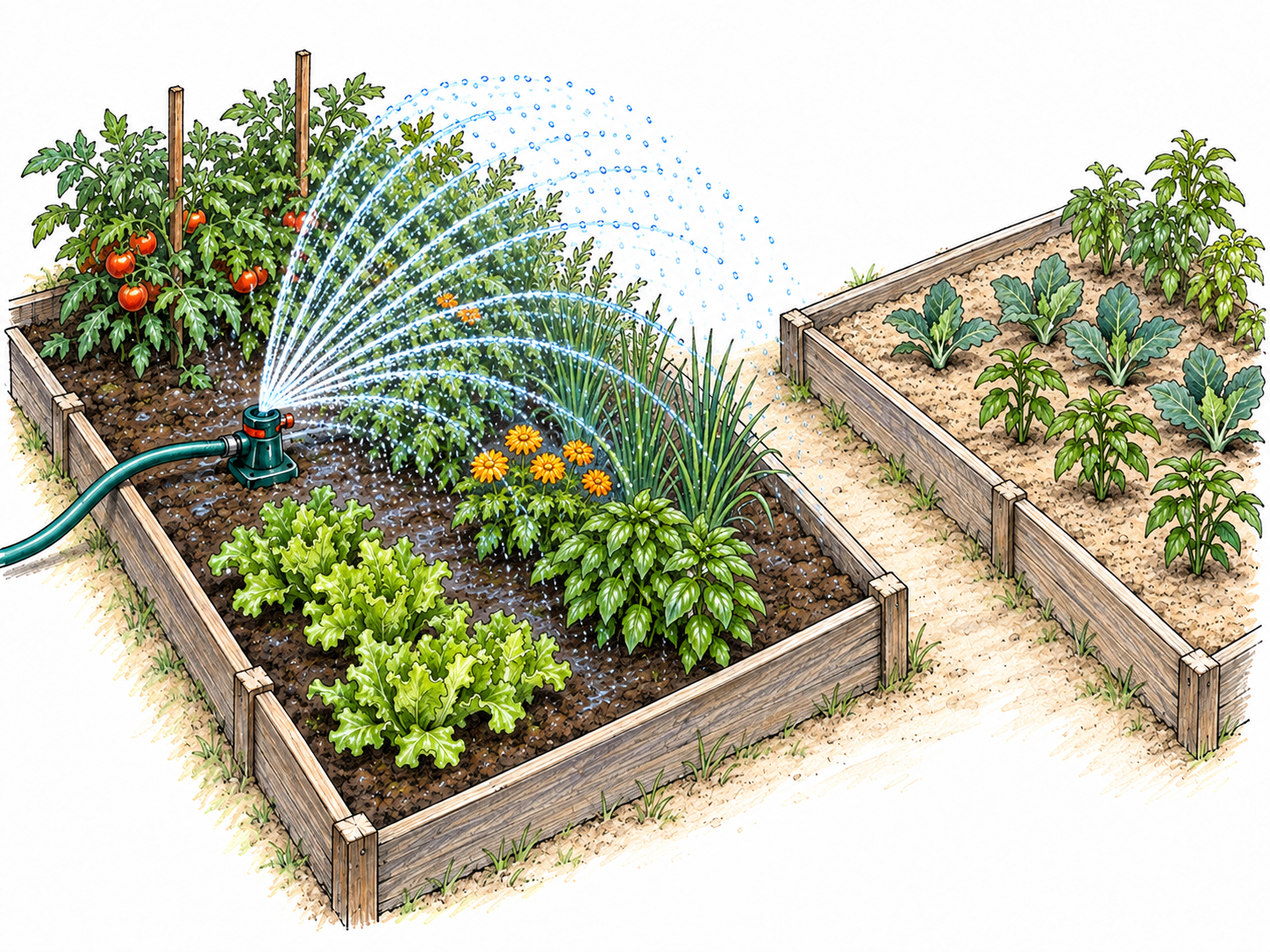 The extent of a watering activity: an operating garden sprinkler reaches several nearby planting beds, while farther beds remain visibly outside its spray.