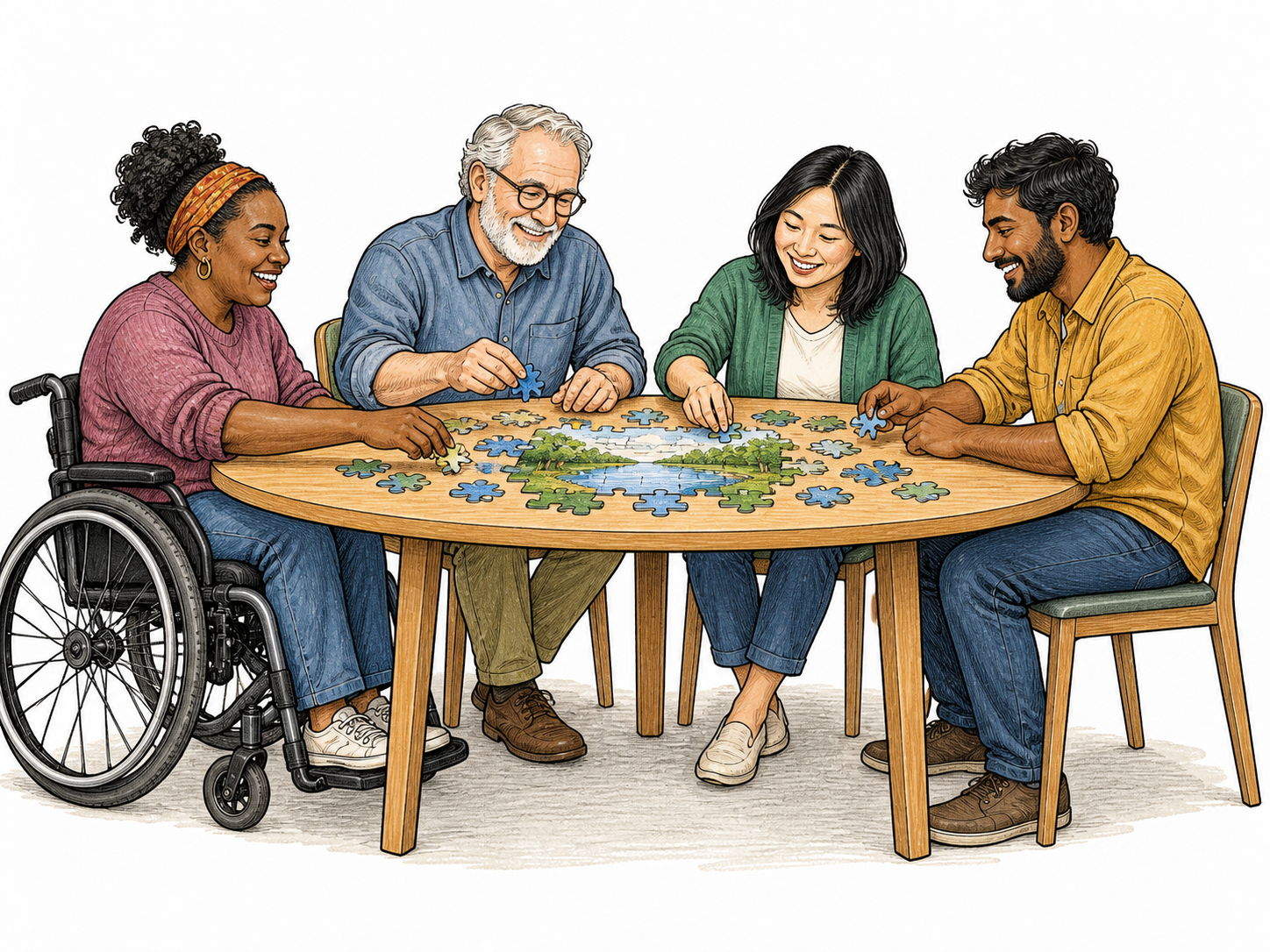 A broad accessible community table accommodates varied adults including wheelchair user, everyone involved equally in shared activity, no signs.
