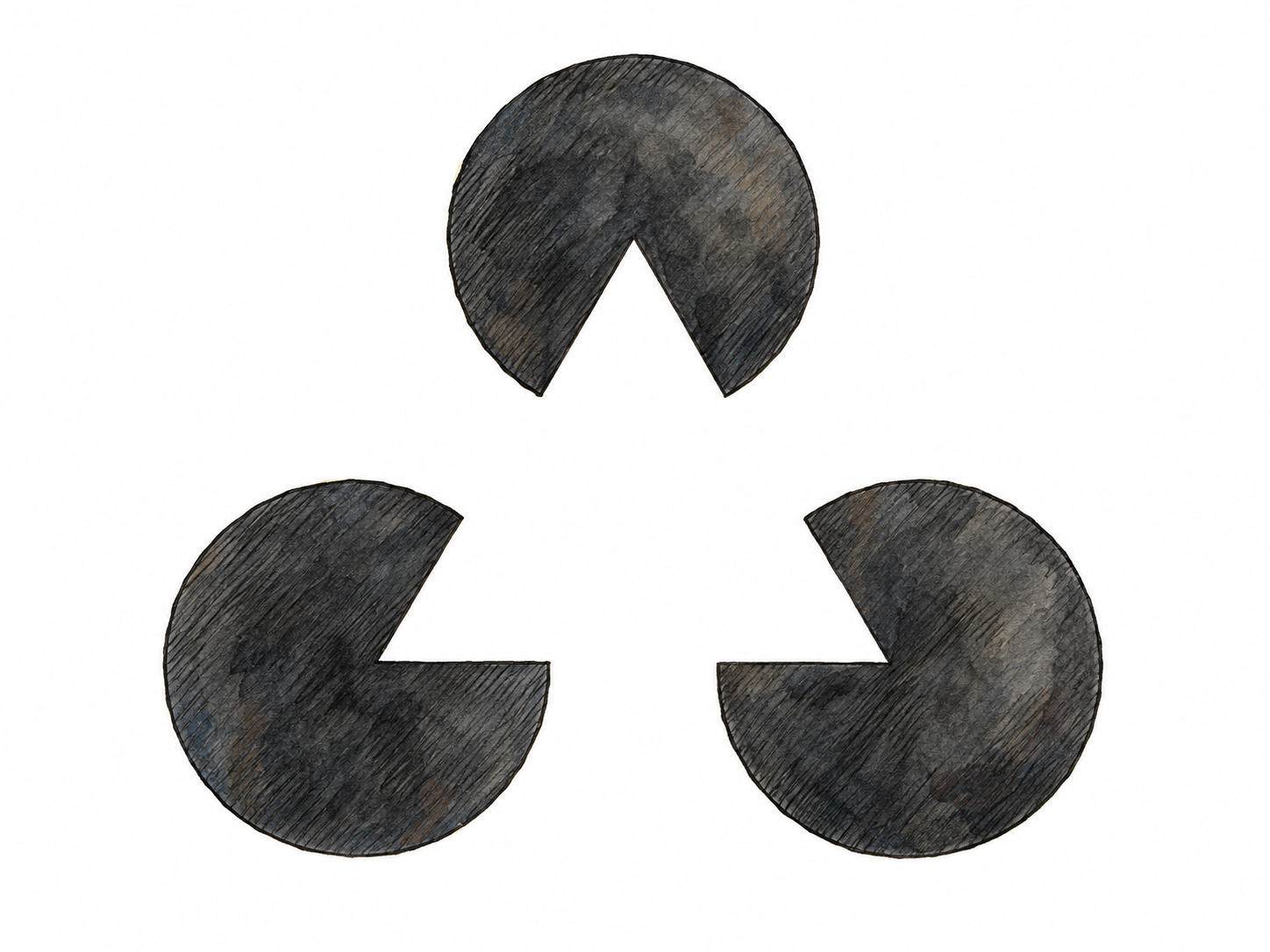 Three dark circular paper pieces, each missing a wedge, are arranged with their openings facing inward.