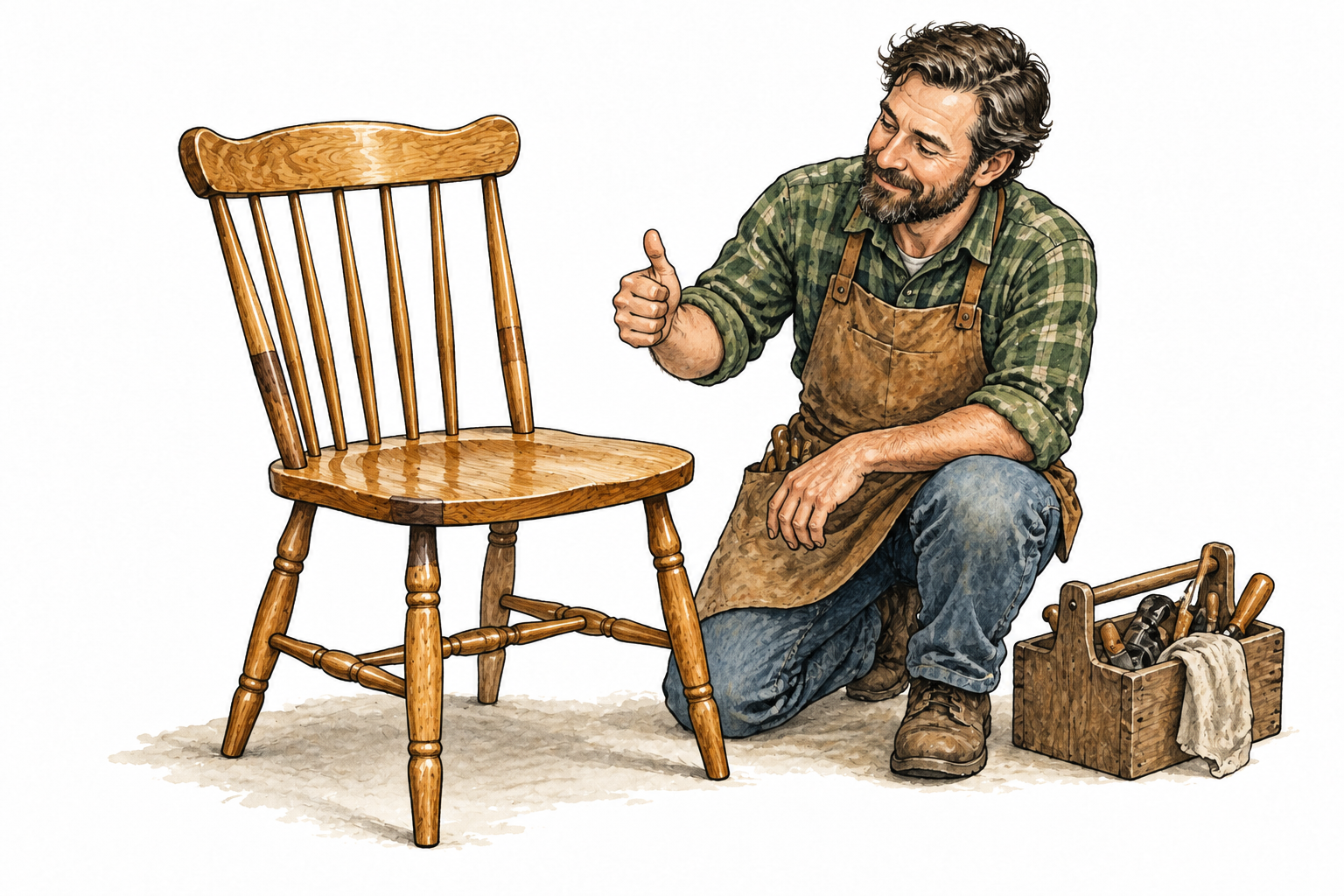 A beautifully crafted repaired wooden chair is evaluated favorably by a craftsperson, workmanship deserves praise.