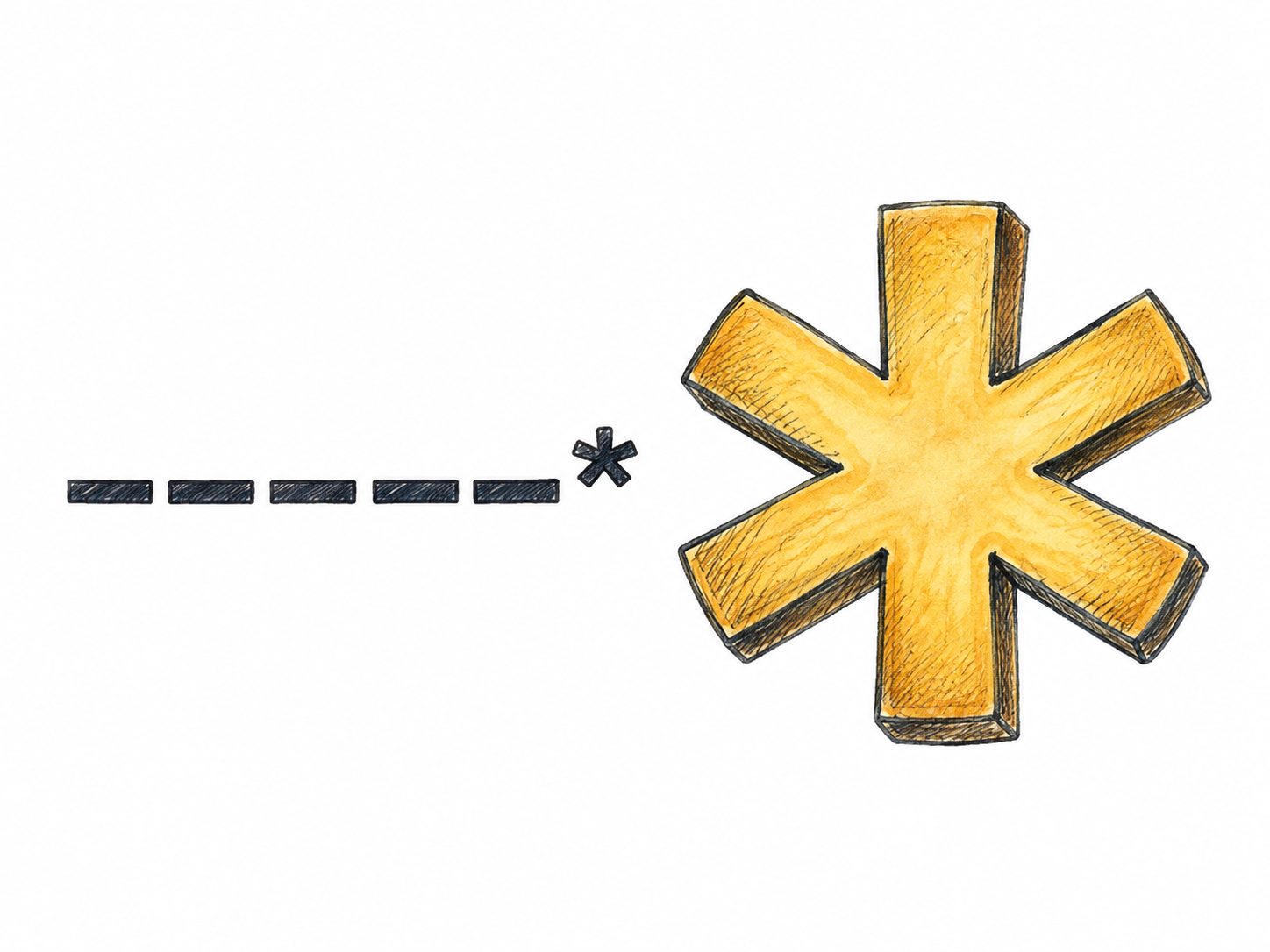 A large six-stroke asterisk appears beside one short abstract line of type with a matching small note marker; only the functional asterisk glyph, no readable prose.