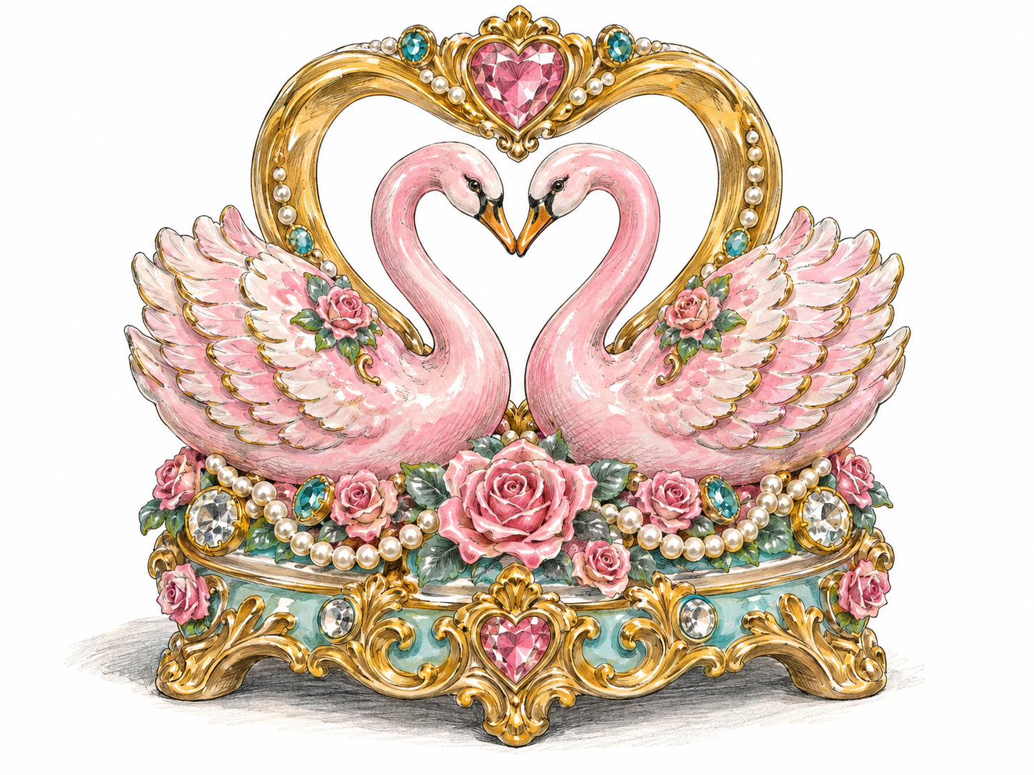 An excessively sentimental porcelain ornament: two pink swans touching beaks inside a glittery gold heart, surrounded by oversized roses, pearl loops and rhinestones on a gilded pedestal.