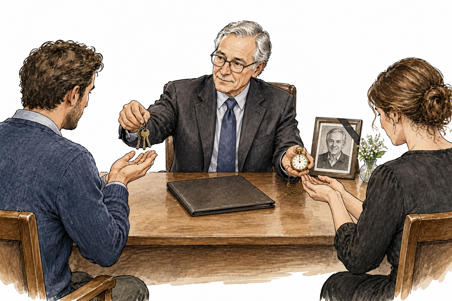 An appointed older professional distributing a deceased relative's house keys and heirloom watch to two adult heirs at a desk, closed plain will folder and family photograph with black mourning ribbon, no writing.