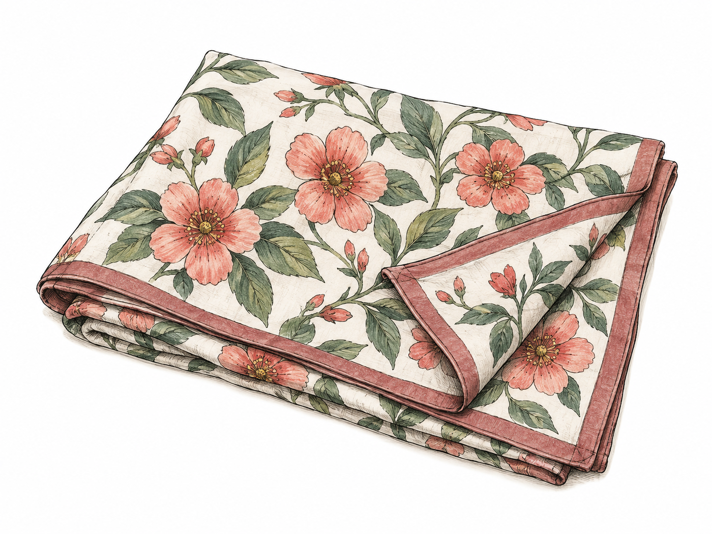 Folded cotton scarf decorated with clear repeated flower-and-leaf pattern, one small corner unfolded to display floral design; no brand names, neutral ink textile on white.