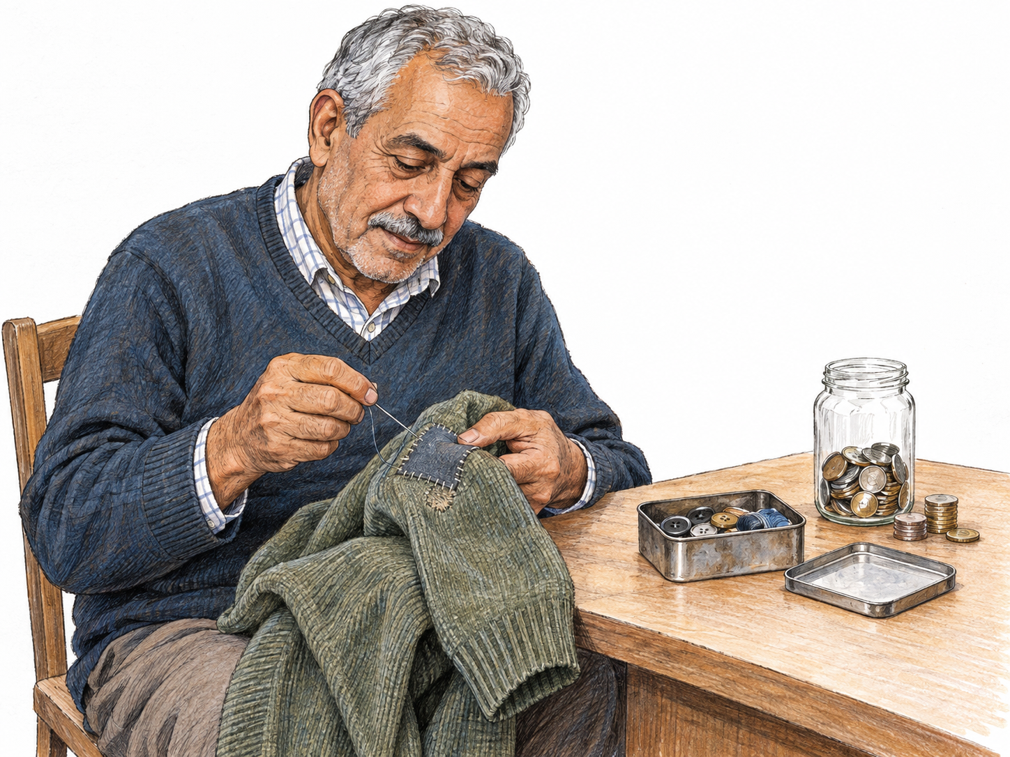 An older man carefully mends a worn sweater rather than discarding it, beside a modest coin-saving jar and a sewing tin made from reused packaging.