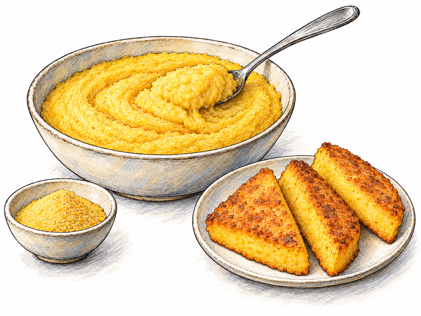 A shallow bowl of soft golden polenta with a spoon revealing its thick, finely granular texture; a few pan-fried polenta wedges alongside show the same food with crisp browned surfaces.