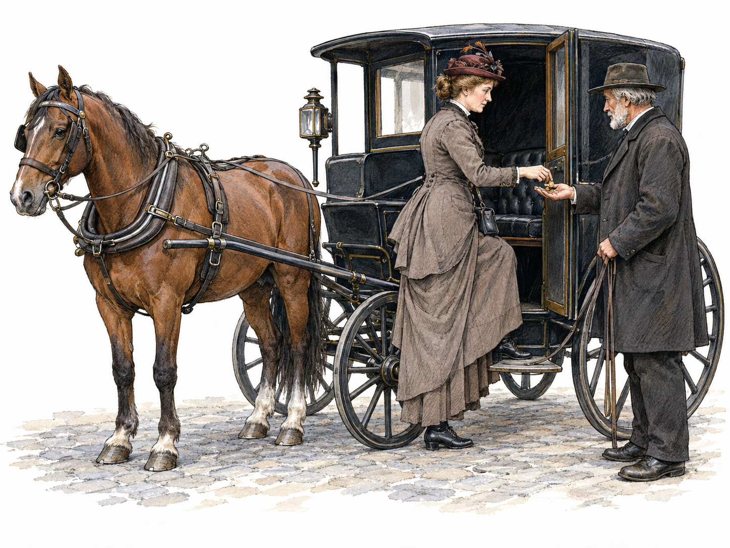 A passenger pays the driver while boarding a horse-drawn cab, making the carriage's commercial hire function visible rather than showing only a horse or private carriage.
