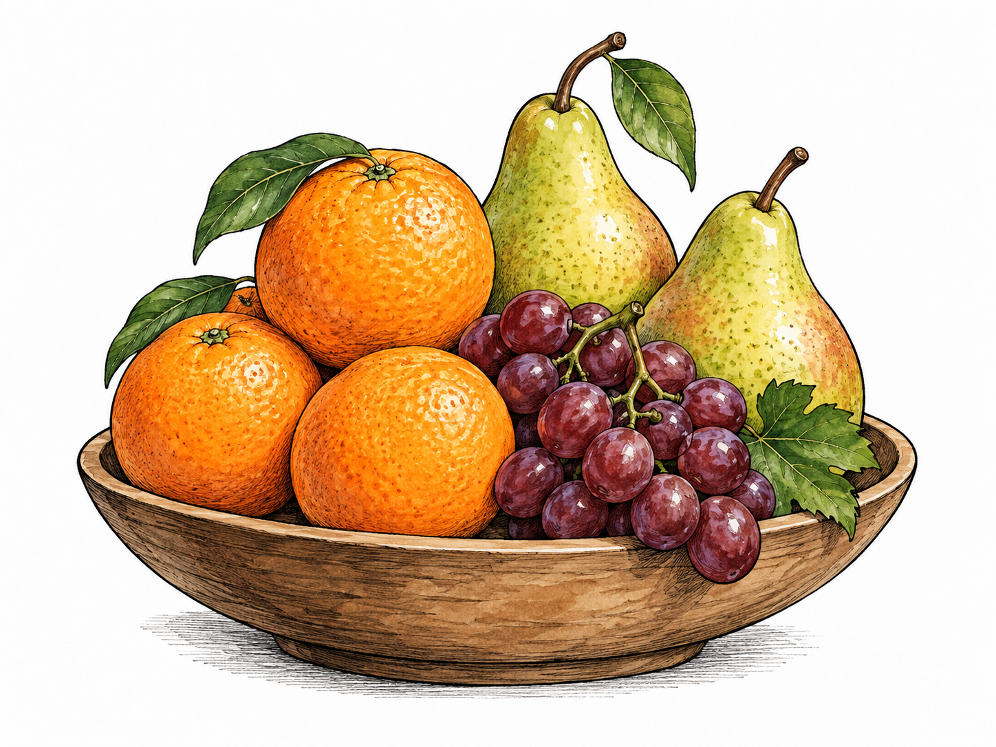 Simple fruit arrangement shown as balanced whole with individual oranges, grapes and pears clearly comprising it; object composition rather than music.
