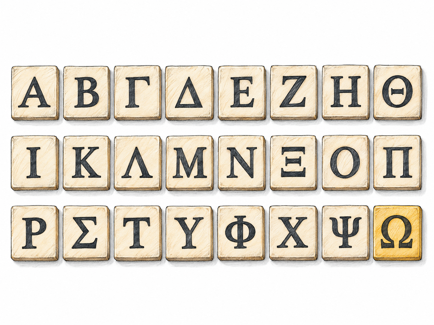 An ordered set of Greek-alphabet teaching tiles ends with a prominently highlighted omega tile, making both the letter and its final position visible.