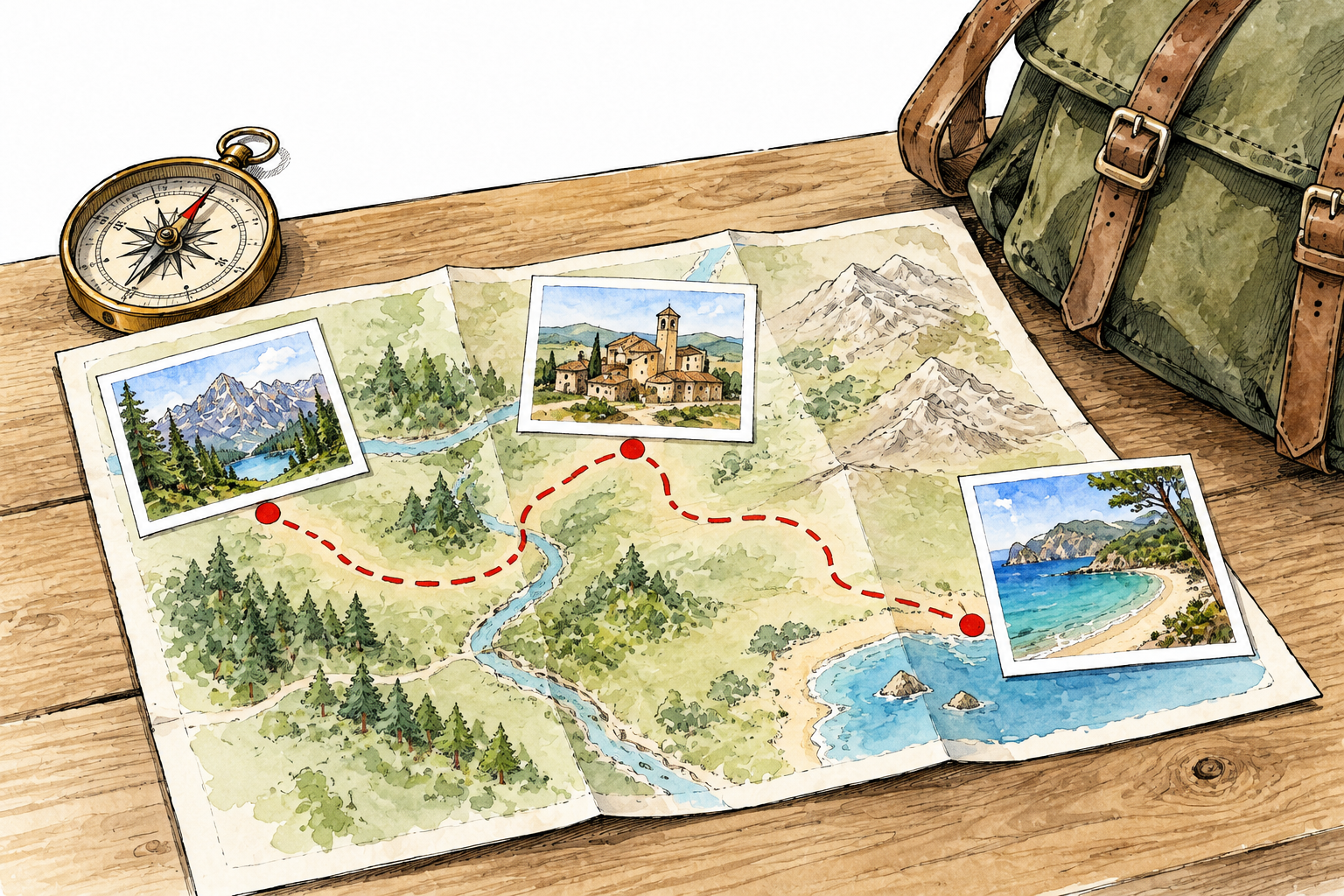 A simple map on a table shows a planned winding route linking three destination pictures, compass and packed bag, no words.