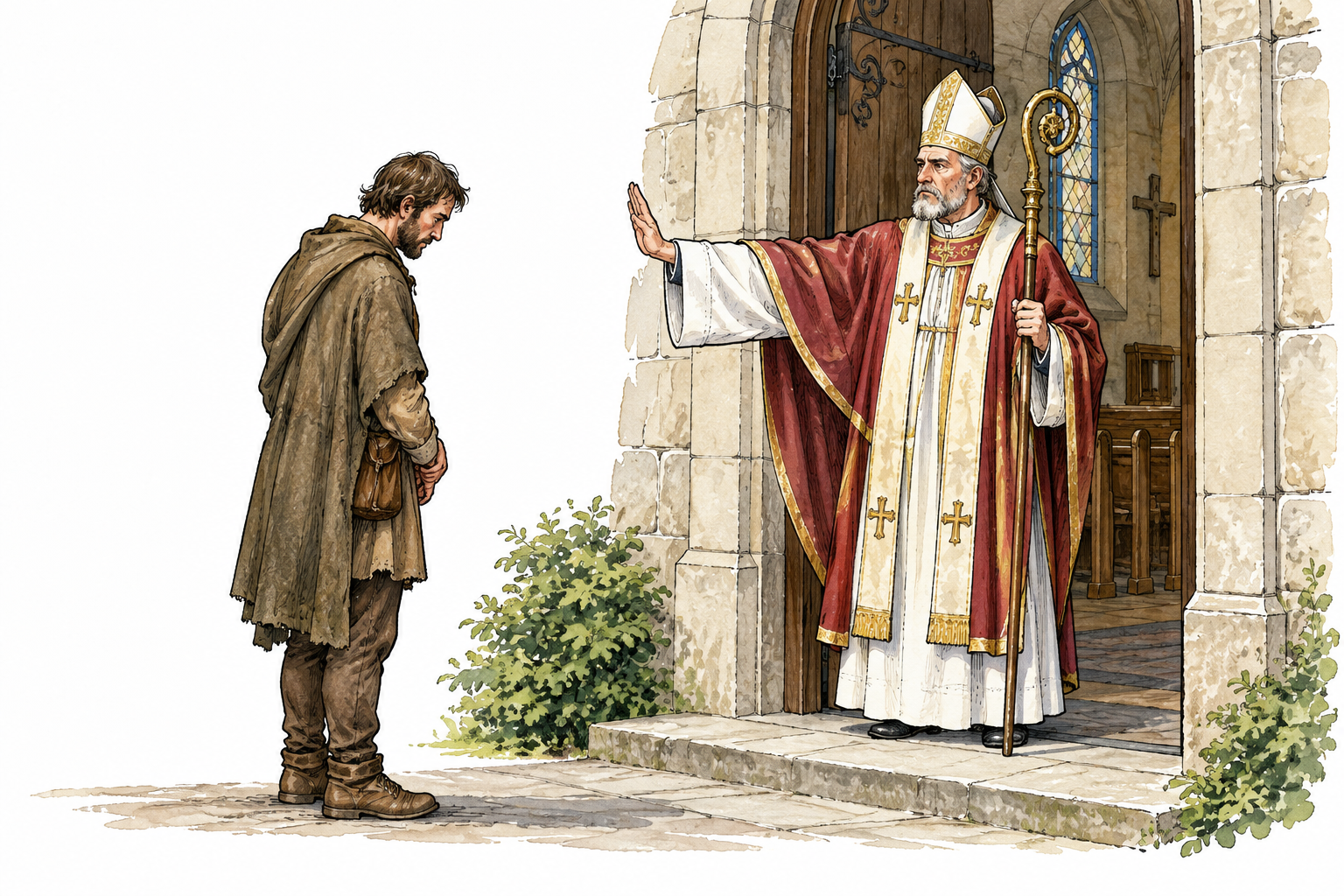 Church official formally bars a former member at church entrance; sober exclusion, no violence.
