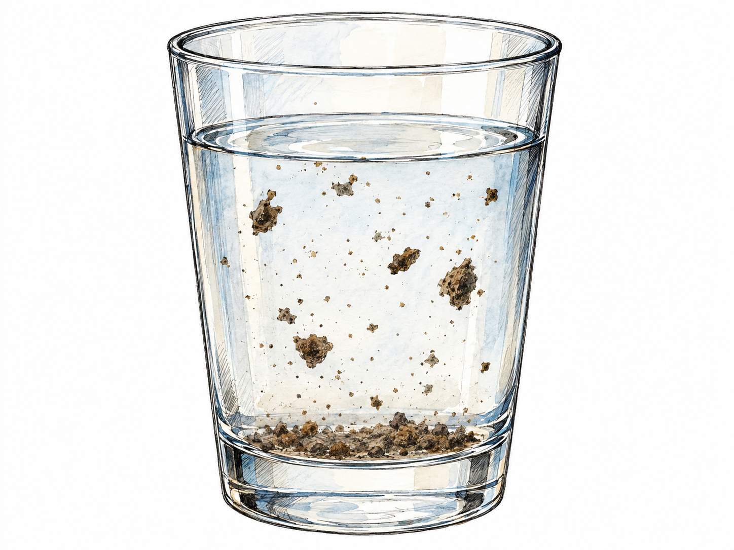 A clear glass of otherwise transparent water contains scattered brown grit, visibly suspended within the water and settled on the bottom.