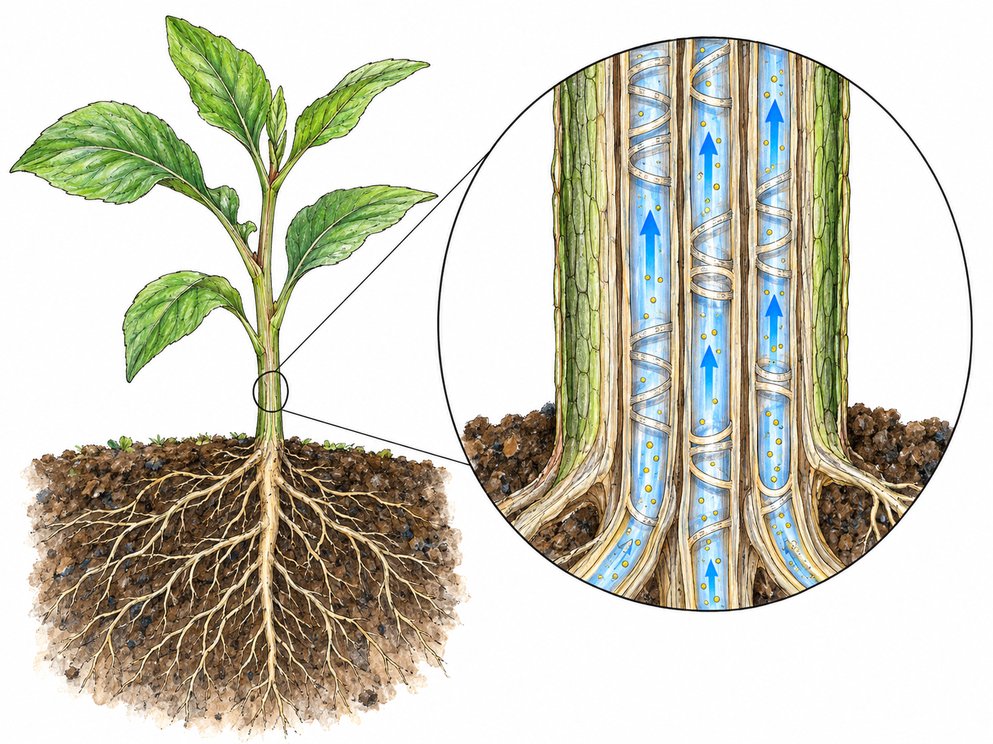 A small leafy plant with exposed roots and a magnified stem cutaway showing hollow xylem vessels carrying water and dissolved minerals upward from the roots toward the leaves.