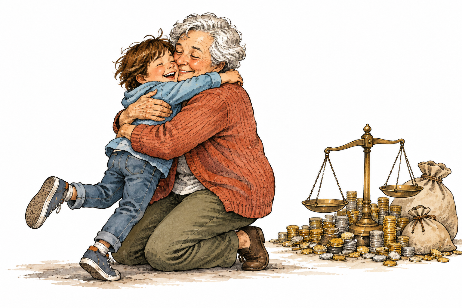 Grandparent embraces reunited grandchild while disregarding scales piled with coins beside them, priceless bond visually exceeds monetary measure, no writing.