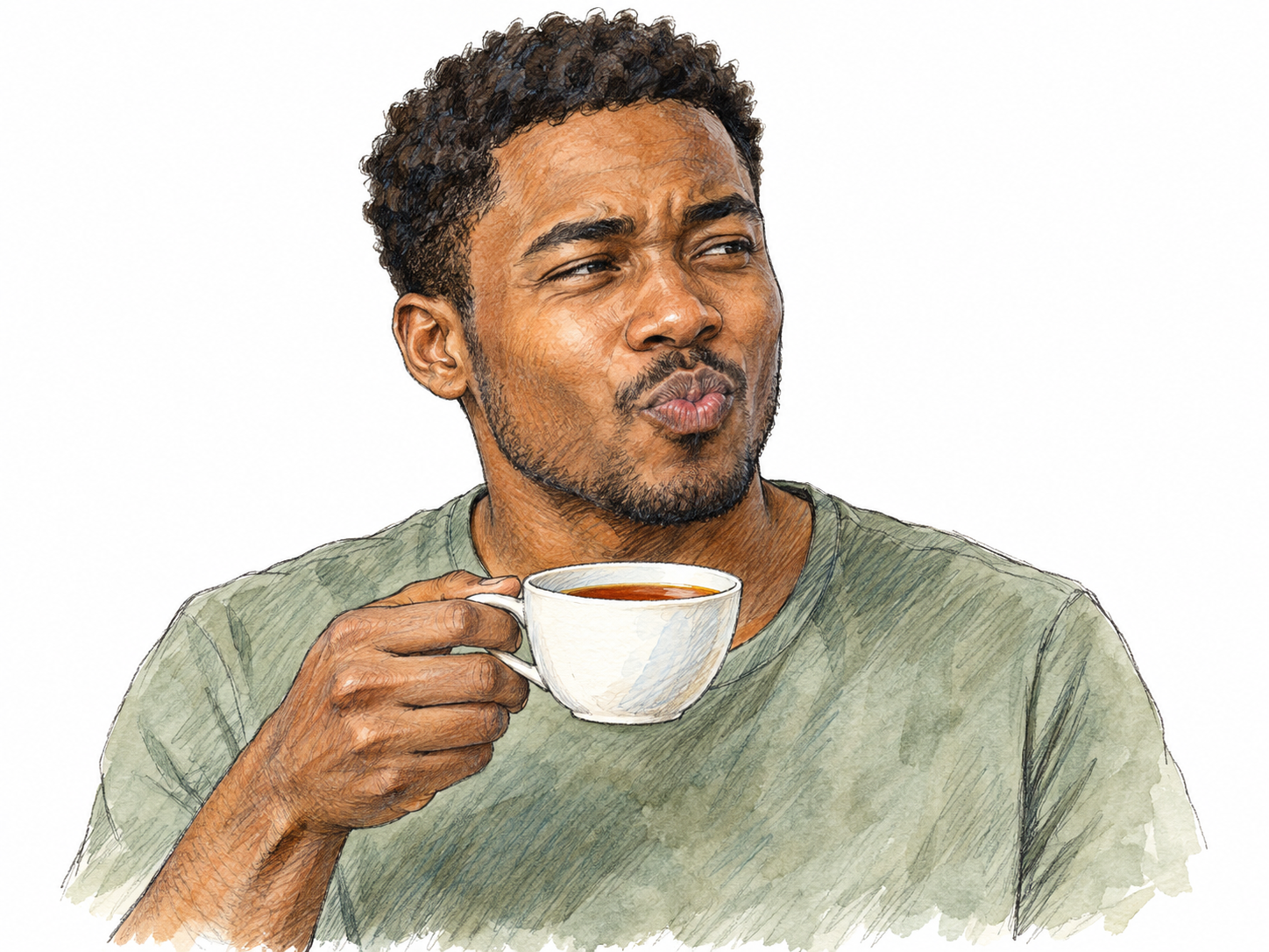 A young adult Black man reacts to a sip of strong black tea with gently puckered lips, conveying its dry, mouth-tightening taste.