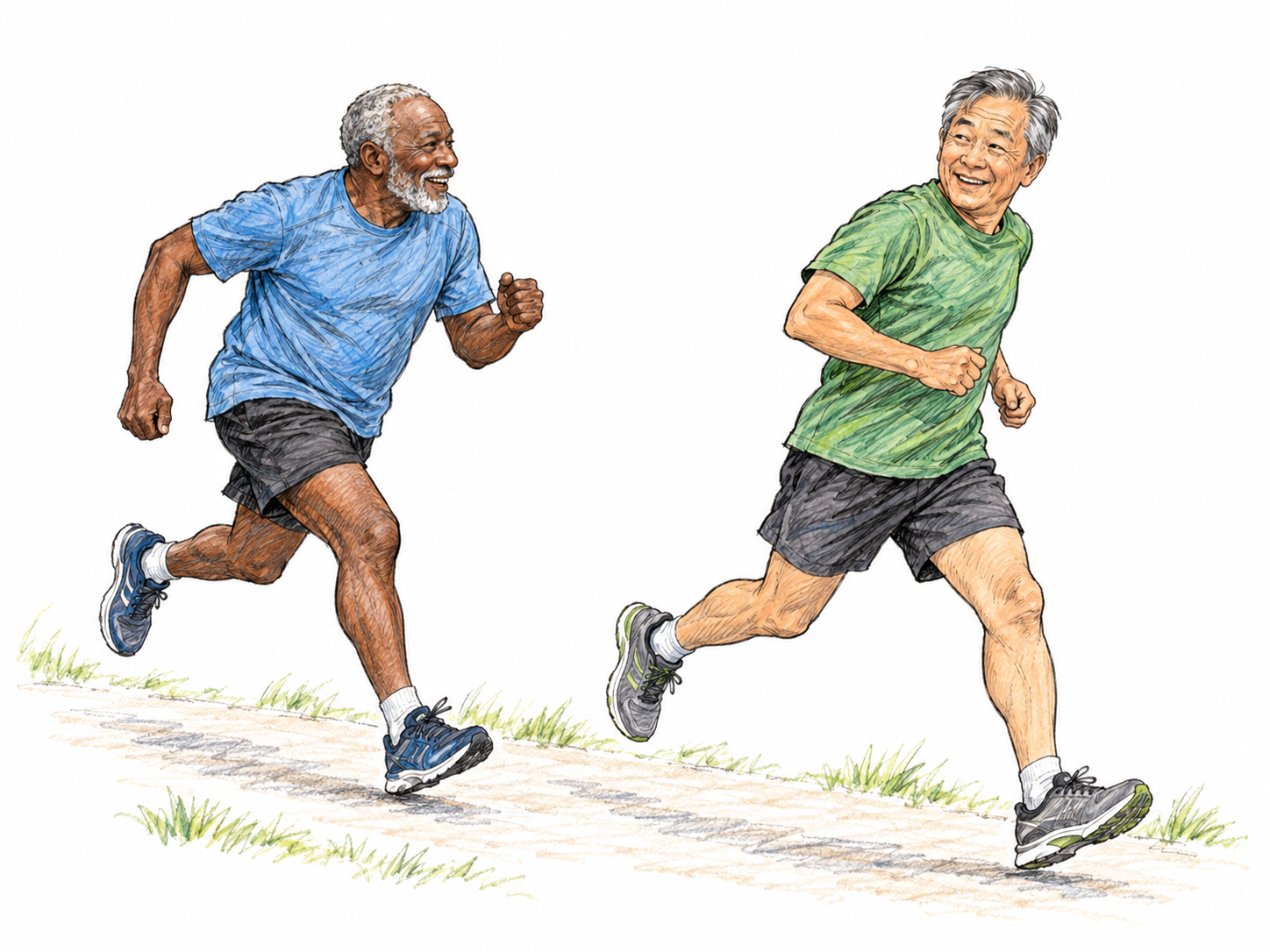 An older runner pursues another runner a few strides ahead on a simple park path, making the act of following and chasing immediately clear.