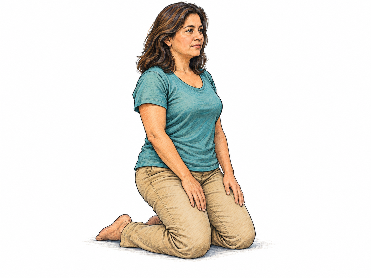 A woman rests upright on both knees, seen in three-quarter side view with both knees touching the ground and her lower legs extending behind her.