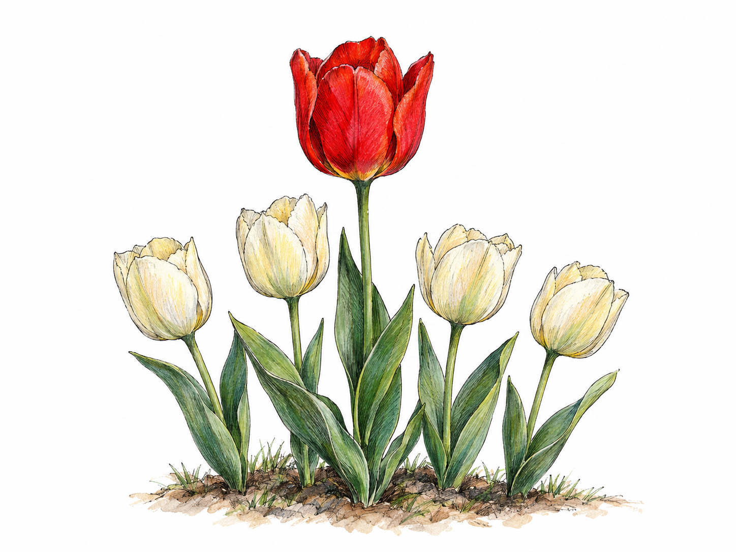 One vivid red tulip rises above a small cluster of shorter, pale cream tulips, making it unmistakably the most noticeable flower.