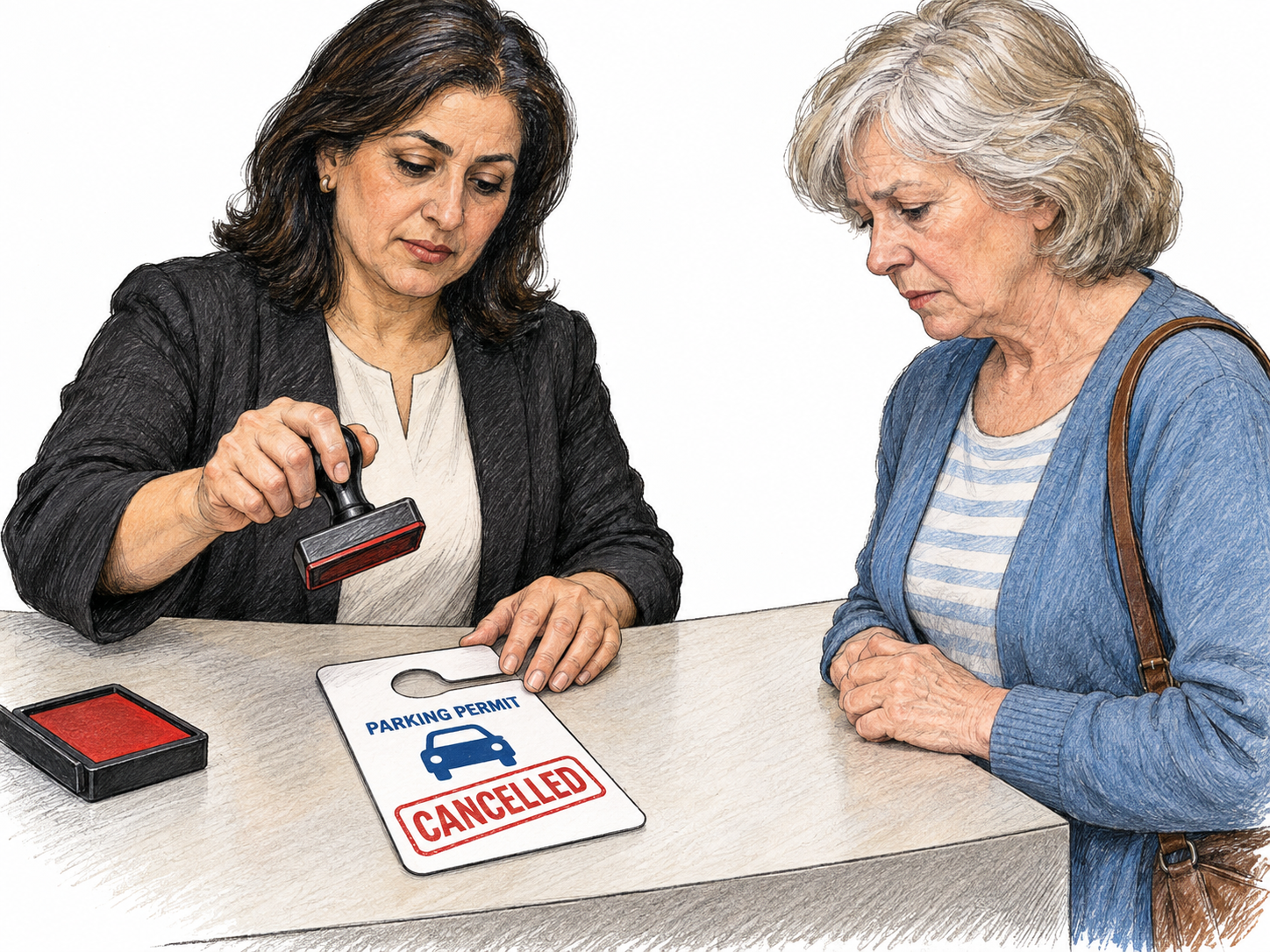 At an administrative counter, an official stamps an existing parking permit “CANCELLED” while its holder watches, visibly withdrawing an issued privilege rather than rejecting an application.