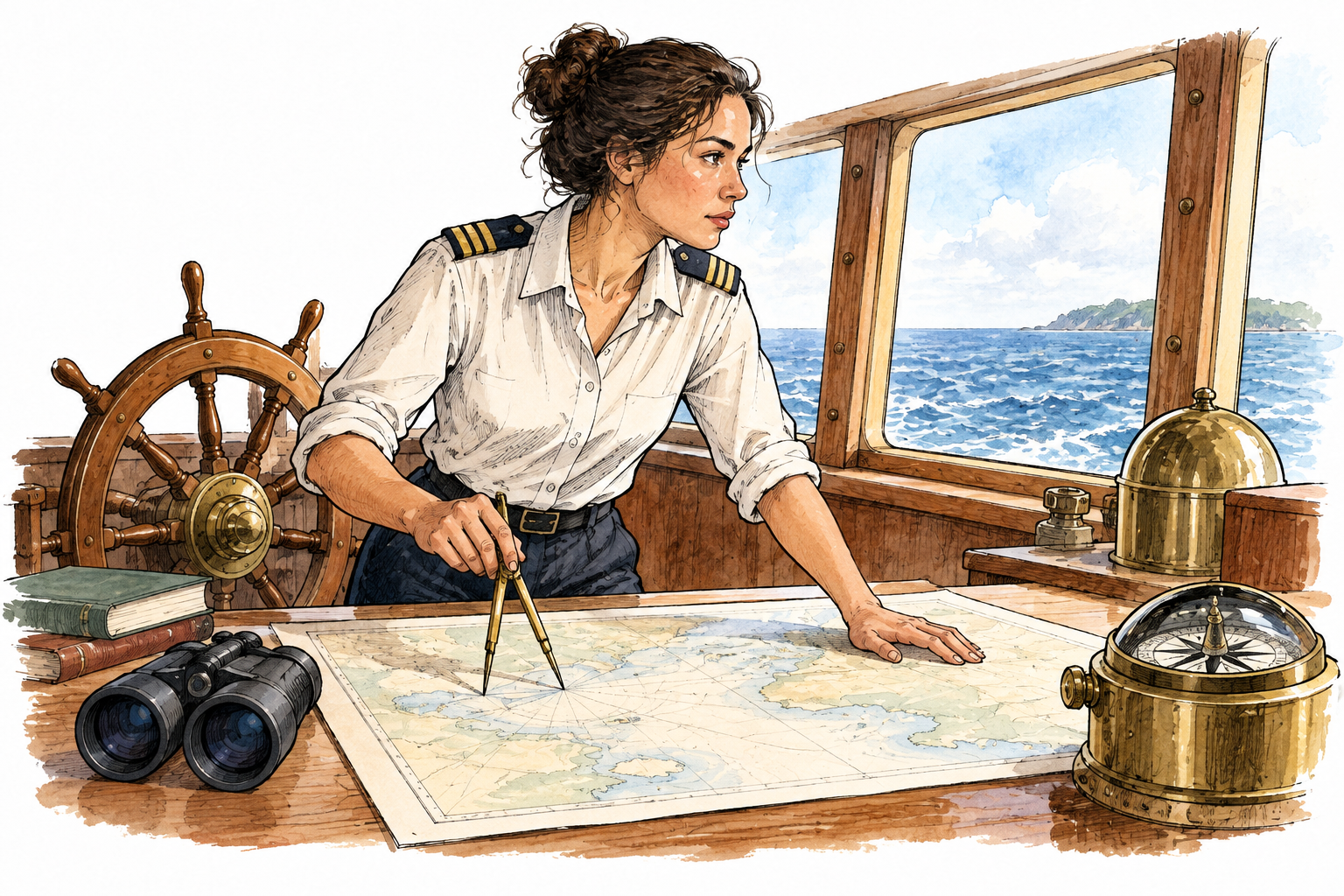 A navigator uses compass and wordless chart on the bridge of a ship to direct its course.