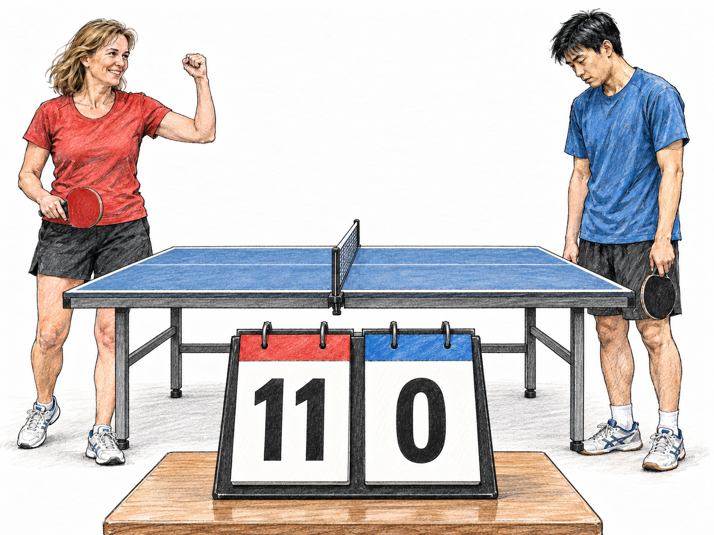A table-tennis player celebrates an emphatic win over her opponent; a clearly aligned tabletop scoreboard shows 11–0, making the thoroughness of the defeat visible.