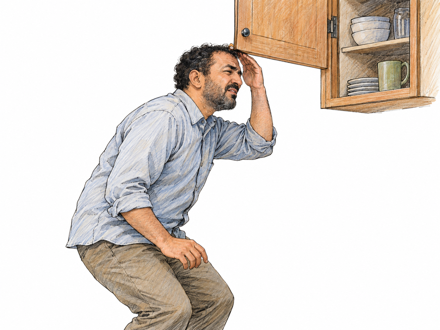 A man rising from a crouch lightly bumps the top of his head against the underside of an open kitchen cupboard door, with a small wince rather than signs of injury.