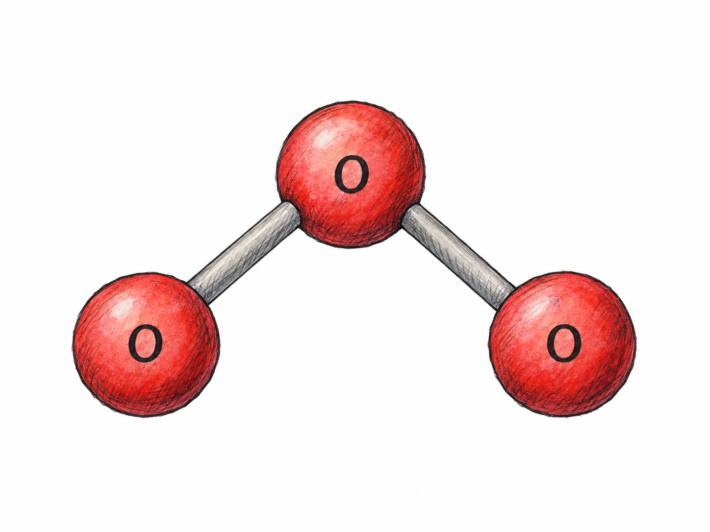 A single enlarged ball-and-stick model of an ozone molecule: three identical oxygen atoms in a bent arrangement, each marked O, with the central atom connected to both outer atoms.