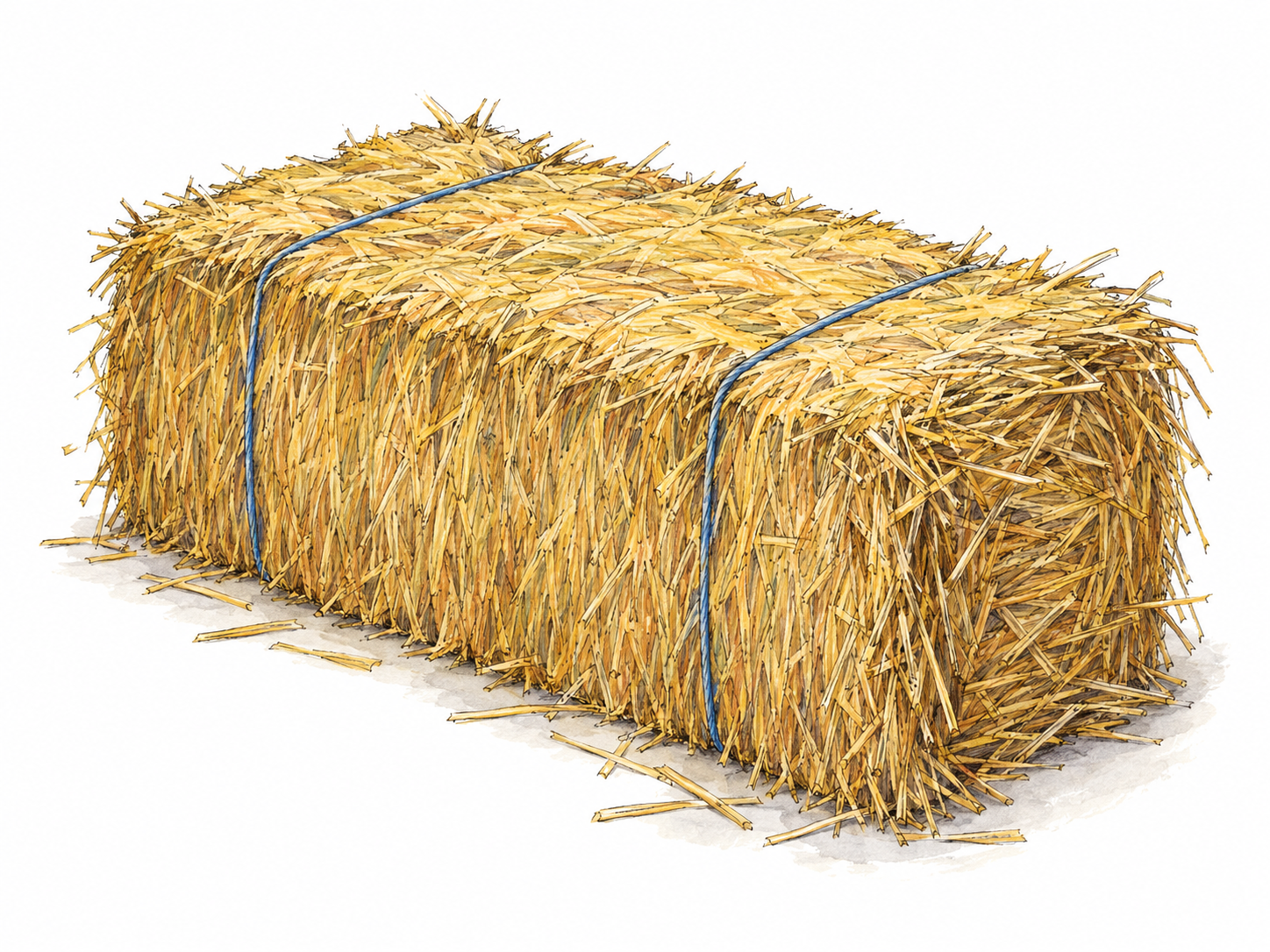 A single large rectangular bale of golden hay, tightly compressed and secured by two clearly visible taut twine loops.